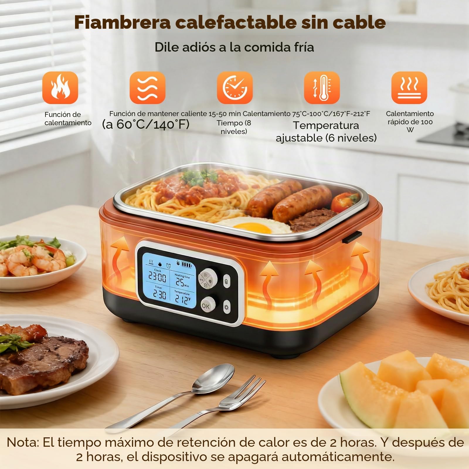 Fiambrera Eléctrica, 1,5L Fiambrera Calefactable Inalámbrica, 27000mAh Calentador de Alimentos Eléctrico Portátil, Fiambrera Autocalefactable Recargable para Oficina Coche Viajes Camping, Negro