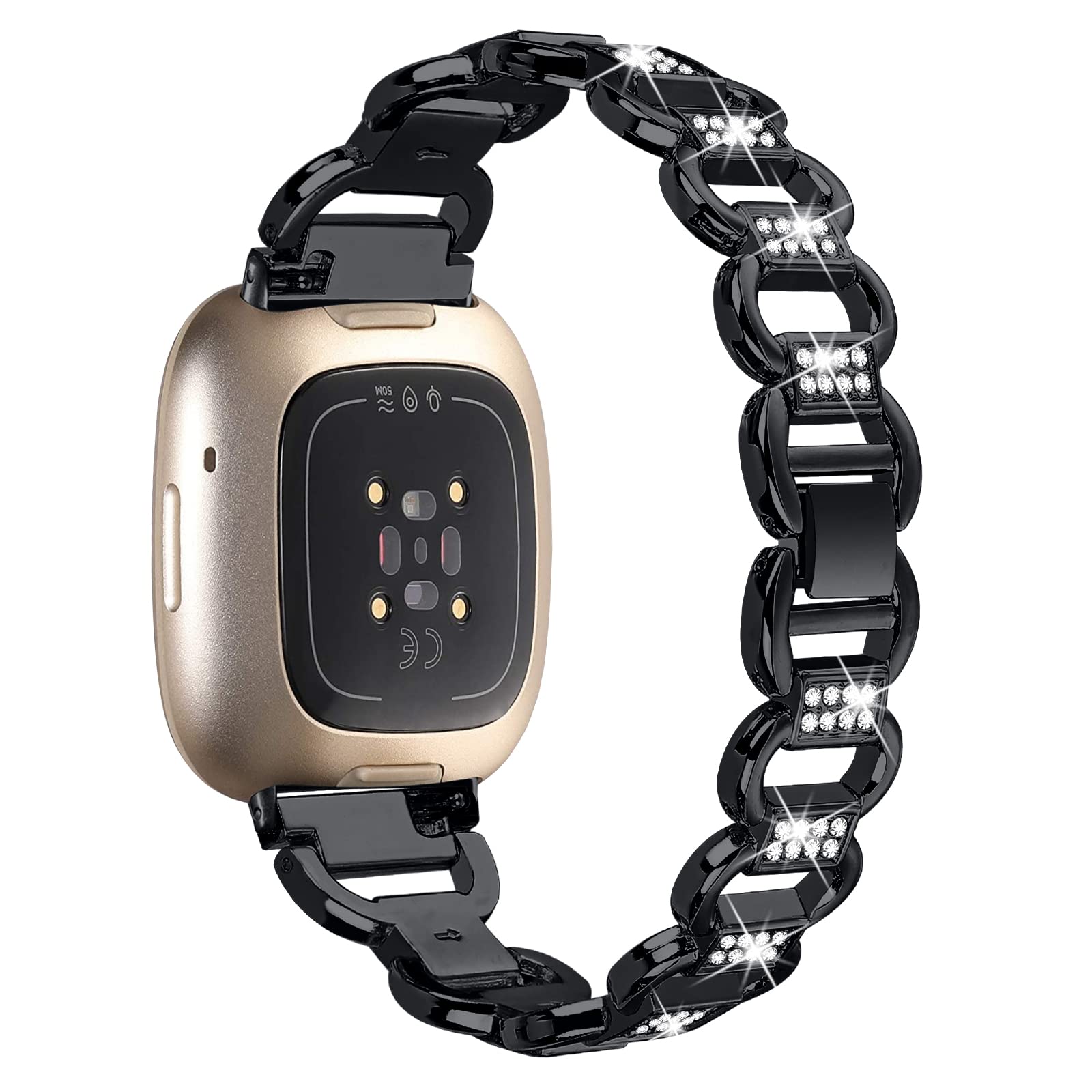 LAZIRO Metal Bracelet Compatible with Fitbit Versa 4/Fitbit Sense 2, Fashion Stainless Steel Metal Replacement Strap with Full Diamond Style Wristband for Fitbit Versa 4/Fitbit Sense 2 - Black