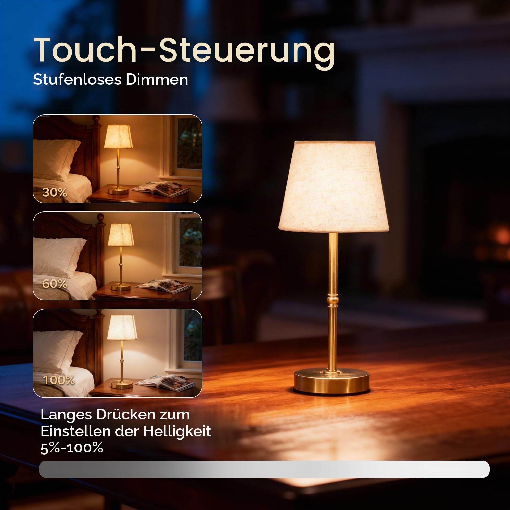 Vintage Akku Tischlampe Kabellos, Wiederaufladbare Stoffschirm Tischlampe Gold mit 6000mAh Akku, Stufenlos Dimmbar, Touch-Steuerung, USB-C LED Tischlampe für Schlafzimmer, Wohnzimmer, Esstisch