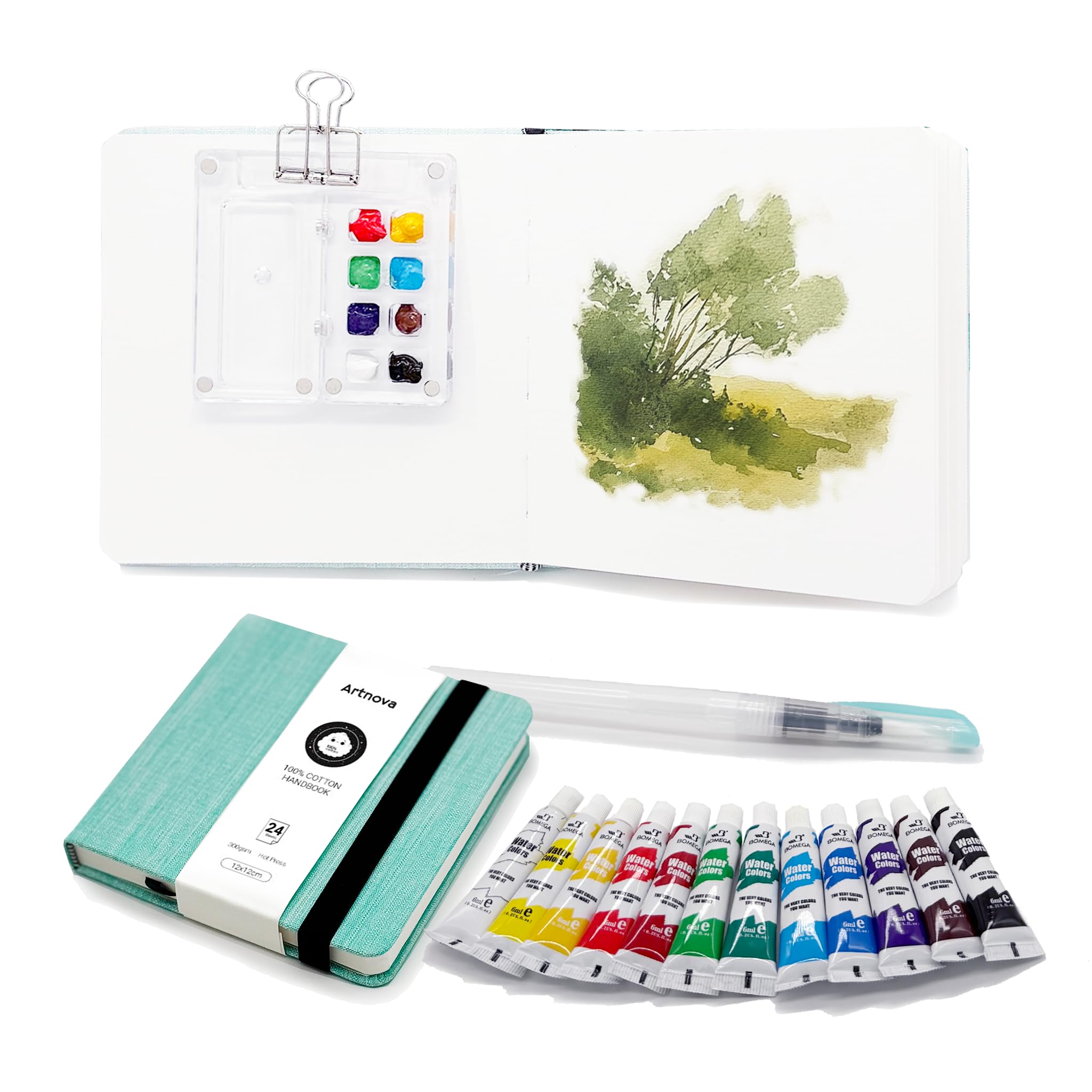 Kit per acquerello portatile | Set completo di taccuino 12 x 12 cm, Paletta pieghevole, 12 colori acrilici, pennello d'acqua e pinza, ideale per viaggi, regalo artistico