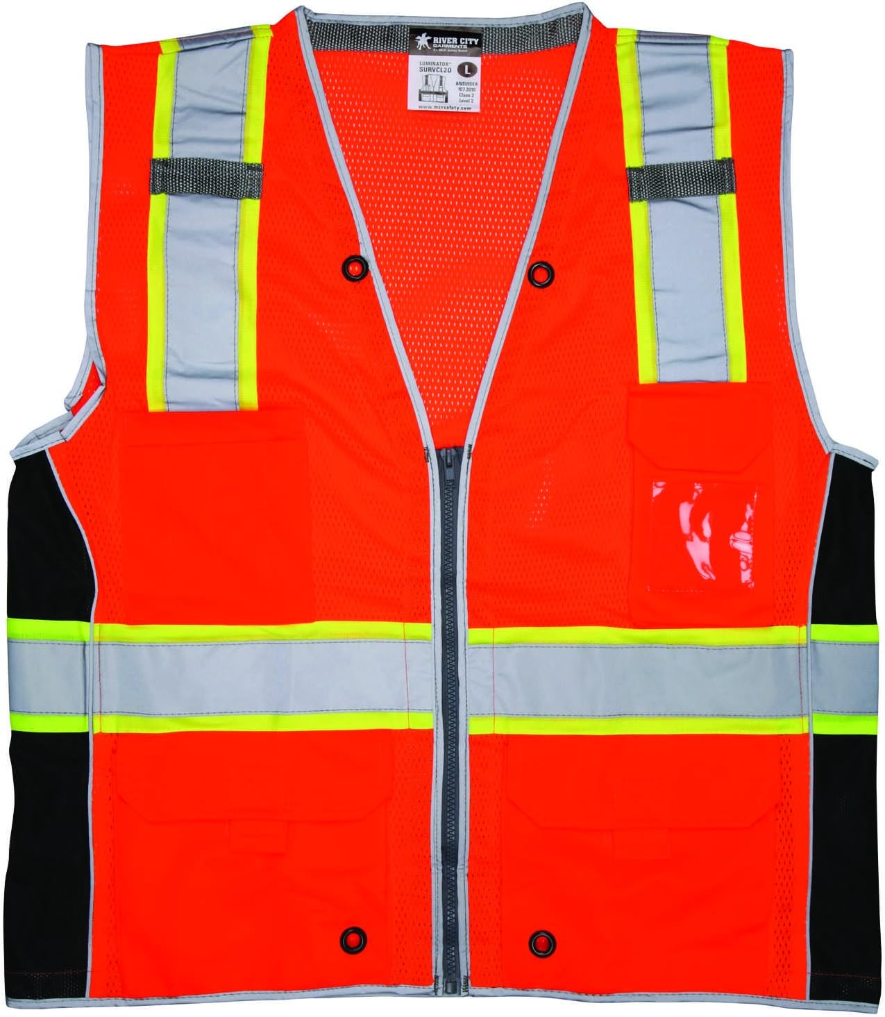MCR Safety SURVCL2OX2 Safety Vest, Class 2, 3" Silver/Lime Reflective Stripes, Zipper, Black Side Panels, Orange, XX-Large