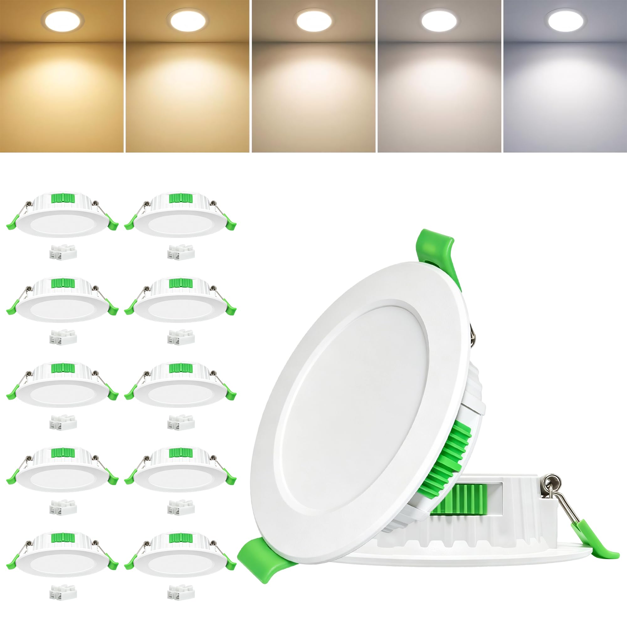 LED Einbaustrahler 230V 10er, 5CCT LED Spots, Ø68-75mm Einbauspots | 5W Ultra Flach 25mm, 5CCT Lichtfarben Warmweiß-Kaltweiß, IP44 LED Einbauleuchten & Deckenspots für Bad Küche Wohnzimmer, Weiß