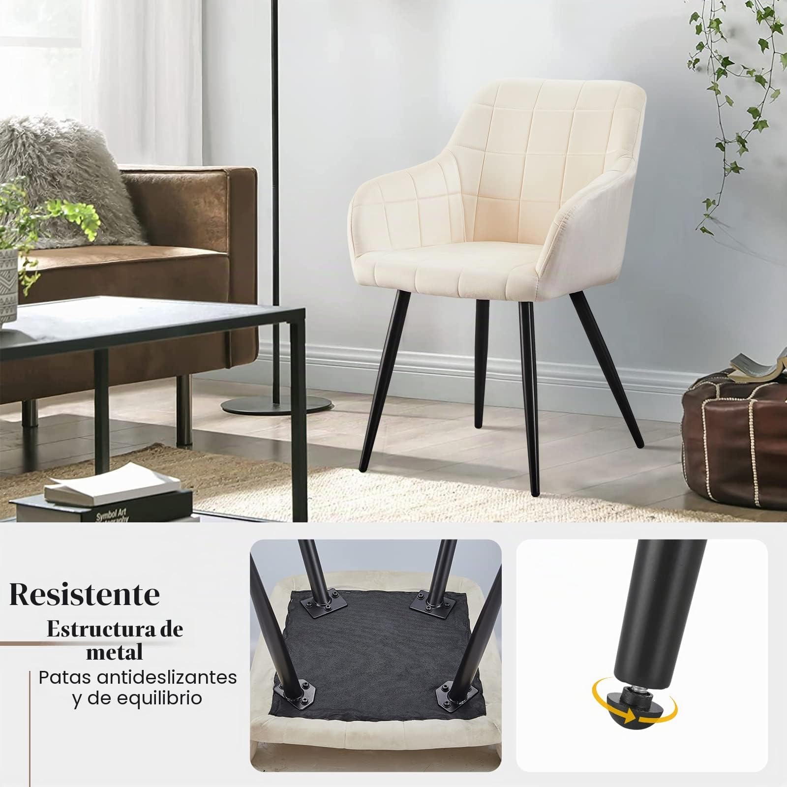 TUKAILAi Juego de 2 Sillas de Comedor Terciopelo con Reposabrazos, Silla Cocina Ergonómicos con Patas Metálicas, Sillón Tapizado Moderna en Tela para Salón (Beige)