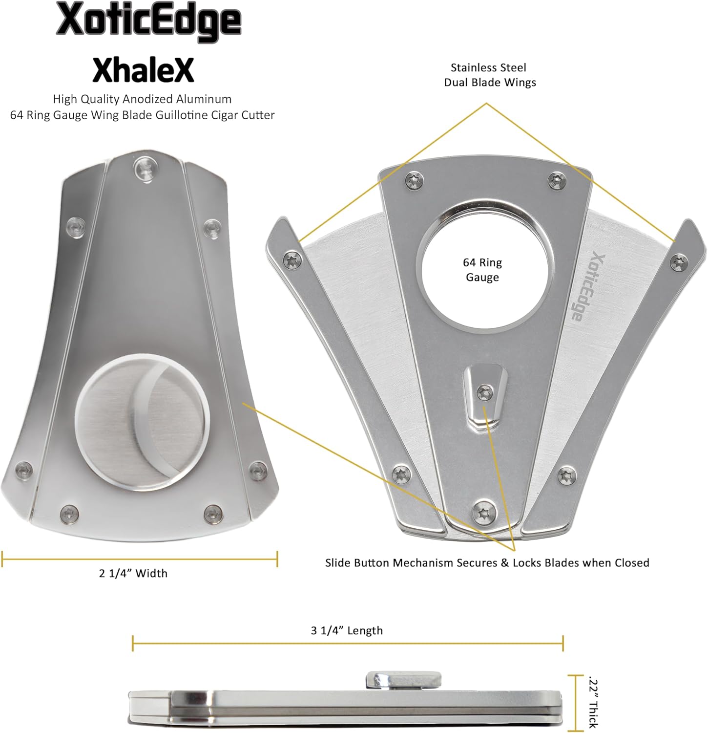 Prestige Import Group XoticEdge XhaleX Anodized Aluminum Body Dual Wing Stainless Steel Blade Cigar Cutter - Up to 64 Ring Gauge - Metallic Silver