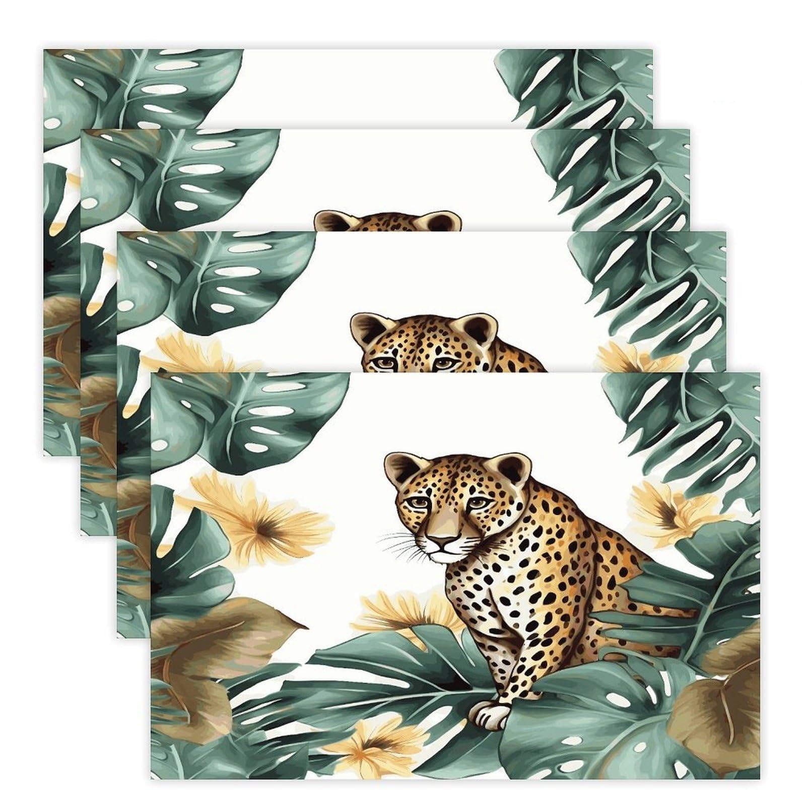 Leopard and Palm Leaves Placemats Heat-Resistant Washable Place Mats Anti Slip Dining Table Place Mats Wipeable Dining Table Mats Kitchen Decoration Placemats 17.7’’×11.8’’