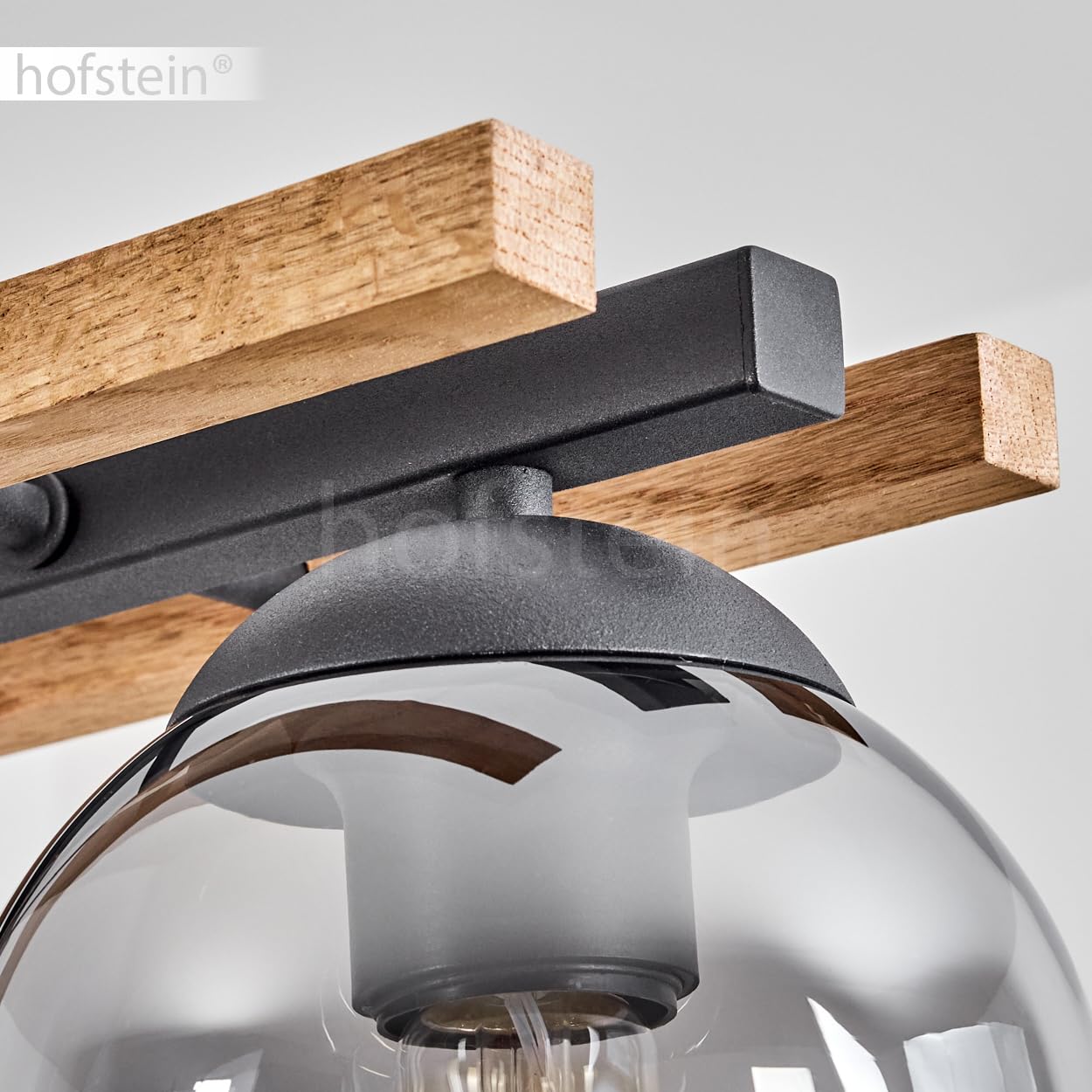 Pendelleuchte Podre, Hängelampe aus Metall/Holz/Glas in Schwarz/Natur/Rauchfarben, Hängeleuchte im Retro/Vintage-Design m. Glasschirmen (Ø 15cm), 4-flammig, Höhe max. 120cm, 4x E27, ohne Leuchtmittel