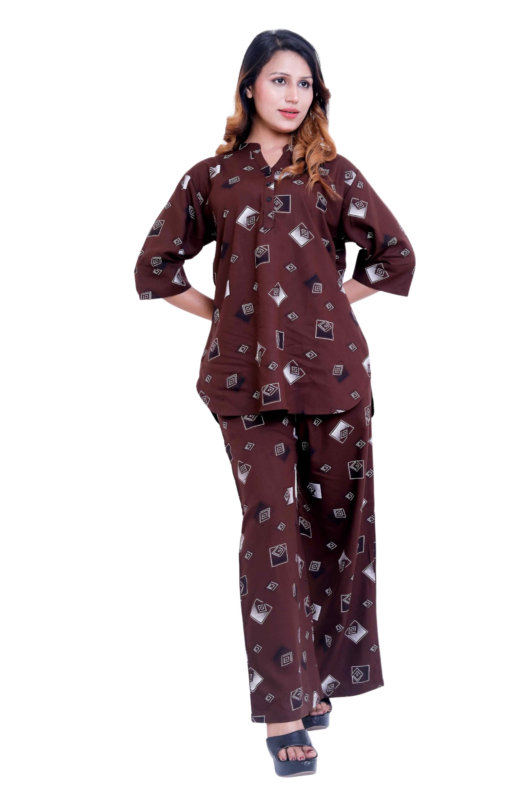 Women's Rayon Co-Ord Set | Sleek Geometric Print Tunic with Mandarin Collar & Button Placket | Three-Quarter Sleeves & Wide-Leg Palazzo Pants | Chocolate Brown Casual Office Wear-image-1
