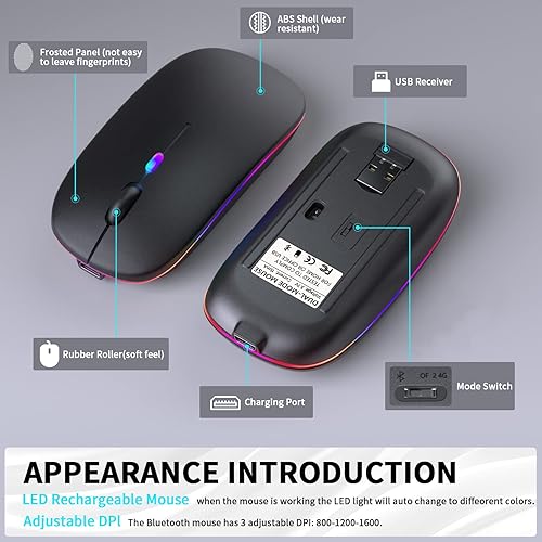 Miniatura 7 de KANMABPC Ratón Bluetooth inalámbrico, mouse recargable LED de modo dual (Bluetooth 5.2 y receptor USB), mouse silencioso portátil, para