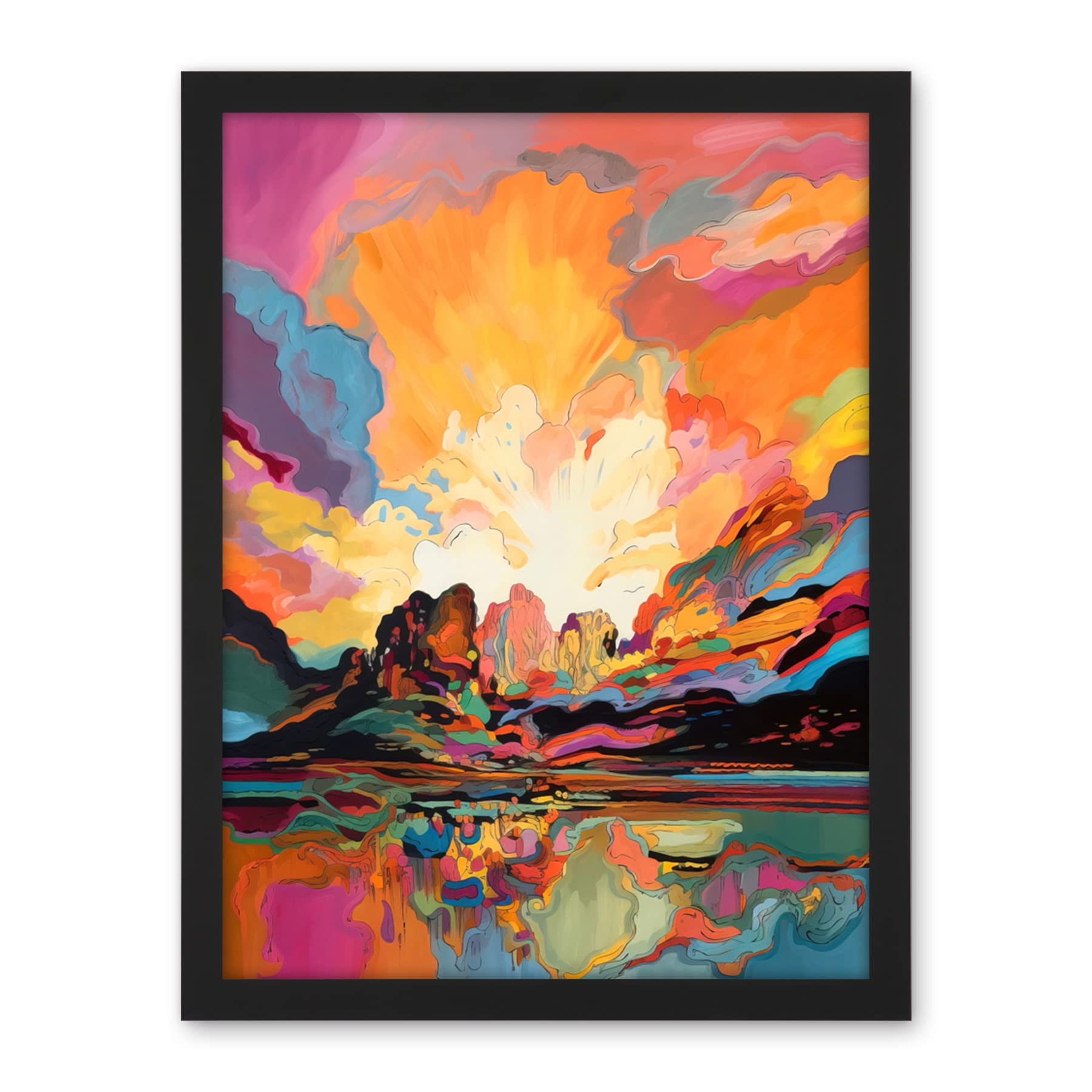 Artery8 Atmospheric Sunset Clouds Vibrant Colour Lakescape Modern Watercolour Painting Artwork Framed Wall Art Print 18X24 Inch