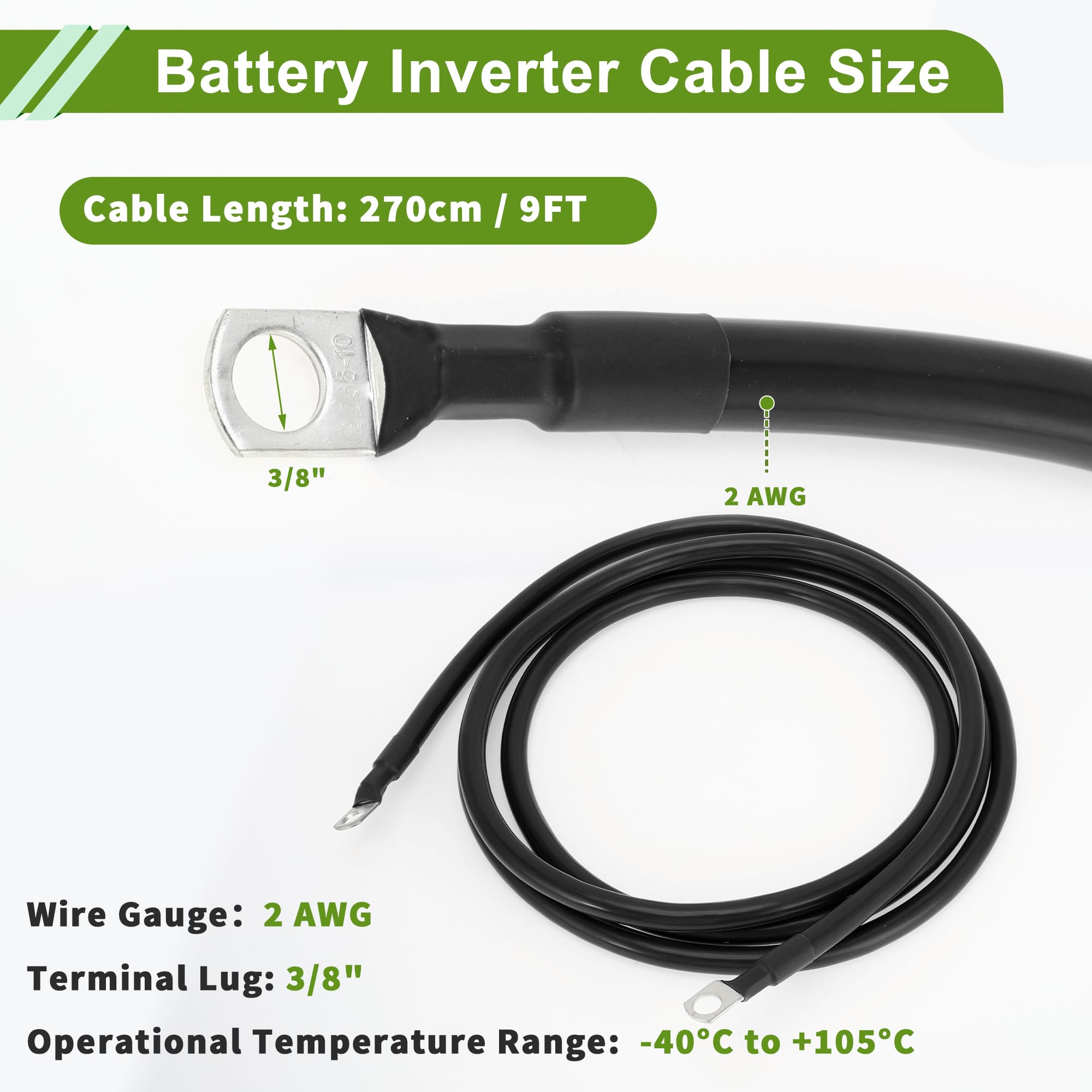 Uniwersalny kabel falownika akumulatora 3/8" z końcówką 2 AWG, długość 9 stóp, miedź cynowana, 1 sztuka, czarny