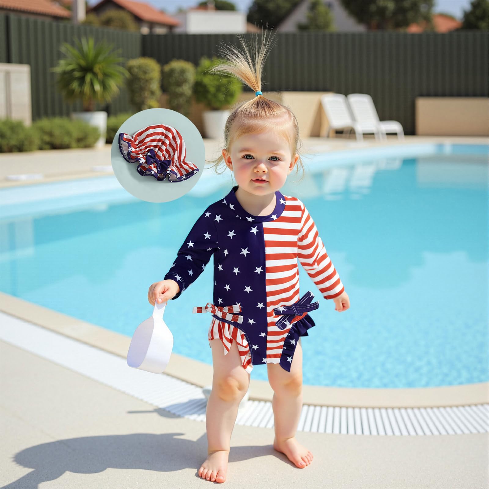 Toddler Girl 4Th of July One Piece Swimsuit Rash Guard Beachwear Ruffle Baby Swimwear Sun Protection Bathing Suit (US, Age, 12 Months, 18 Months, Star Strip Blue Swimsuit)