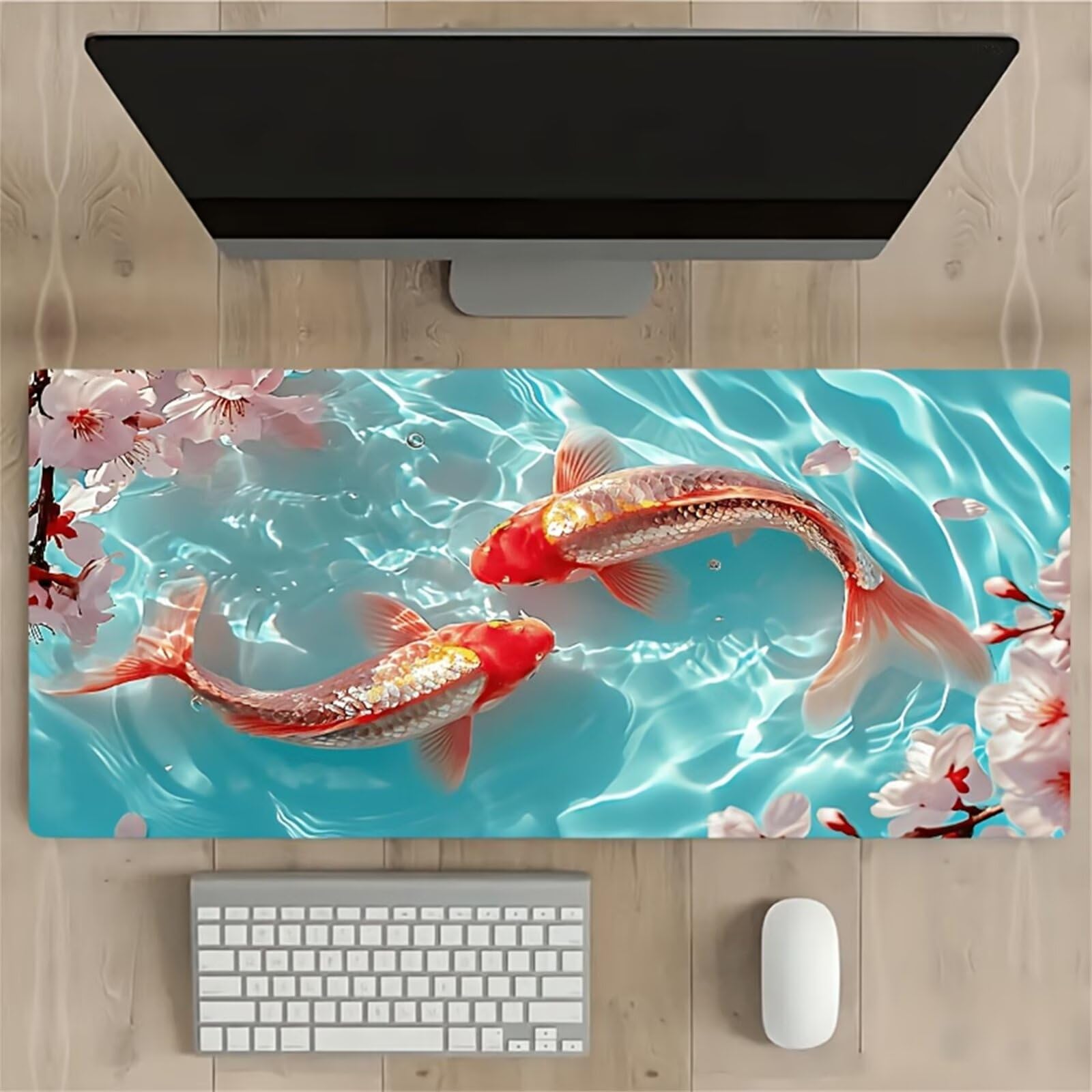 Grand Tapis de Souris de Jeu 1200x600x3 mm – Tapis de Bureau Antidérapant avec Bords Cousus, Haute Précision pour Ordinateur, PC et Gamer (Poisson Fleur)