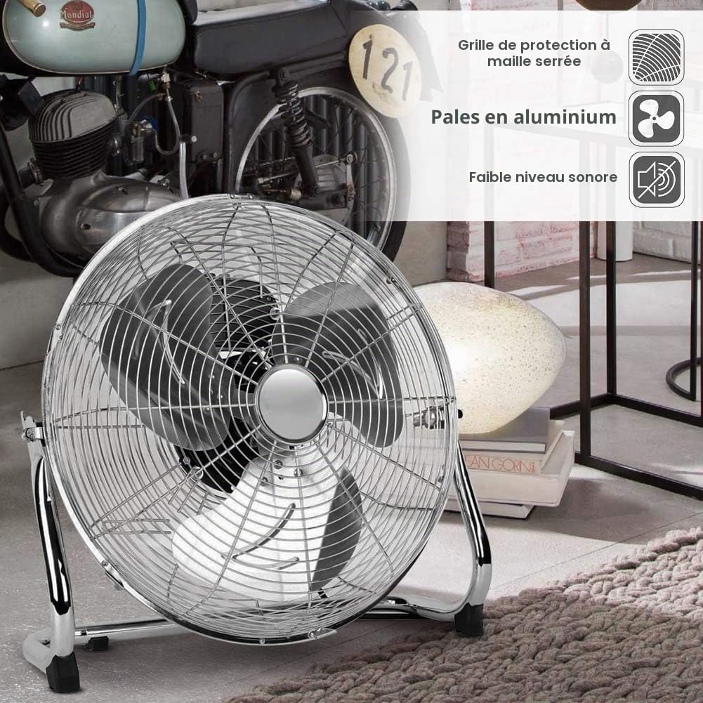 Bakaji 2832388 Ventilateur de sol en métal avec pales de 50 cm en aluminium inclinables et moteur à 3 vitesses, puissance 100 W