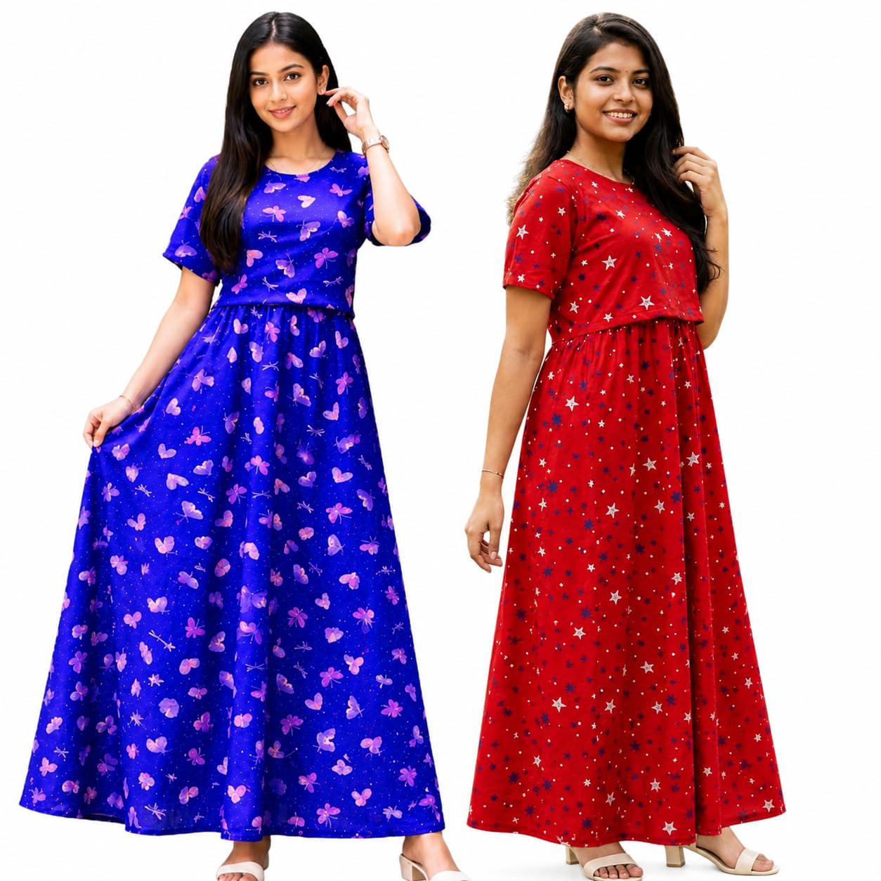 RENIS.Store Women's 100% Cotton Zipless Feeding Maternity Nighty Pack of 2 | Pull Up Nursing Night Dress | Soft Pregnancy & Feeding Wear | Blue(Pink Butterfly)_RED Star | Size-M-image-17