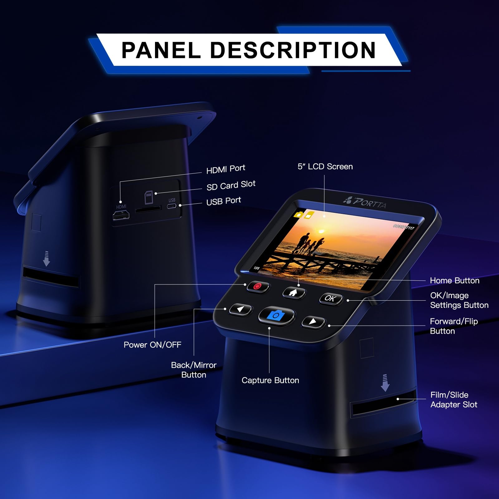 PORTTA Scanner Diapositives 5" LCD 22MP Film & Negative Scanner 135 126 110 HDMI SD Card