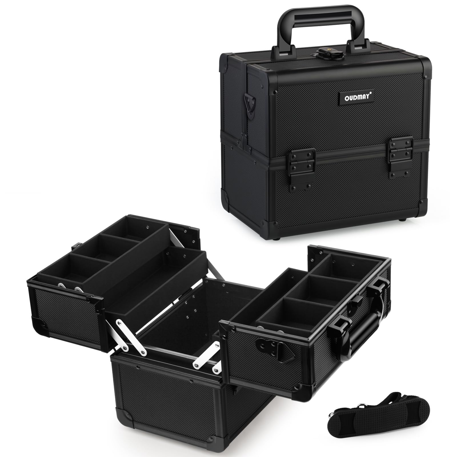 Makeup Case - Professional Portable Aluminum Cosmetics Storage Box With Locks and 2-Deck Folding Trays Black Diamond