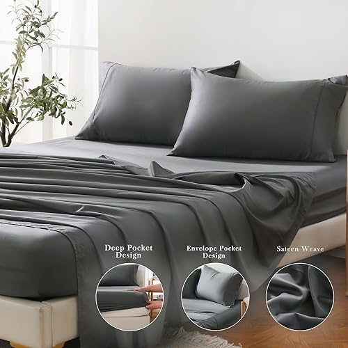 Miniatura 5 de Bedlifes Sábanas refrescantes de 800 hilos 100% algodón egipcio, suaves y transpirables, tejido satinado, sábanas de hotel de lujo, 16 bolsillos