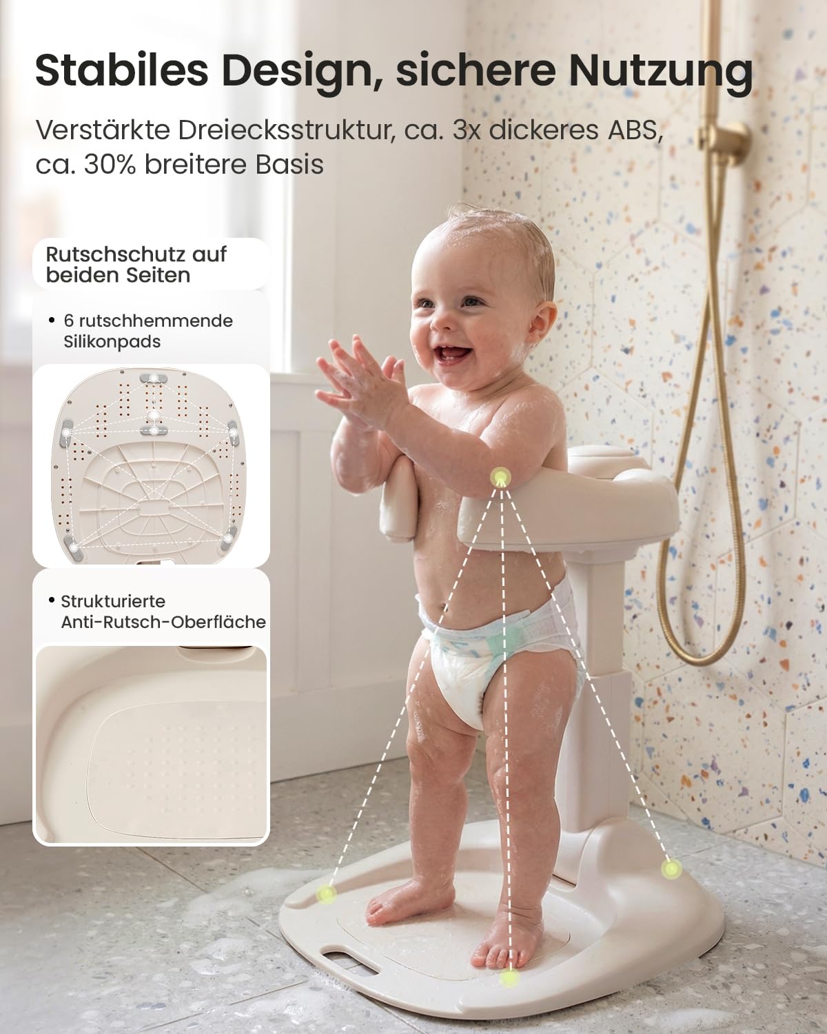 Grownsy Baby Dusche Ständer & Badewannenhilfe ab 6 Monaten, Faltbare Duschhilfe mit Verstellbarer Steh-Duschstütze und Anti-Rutsch-Basis