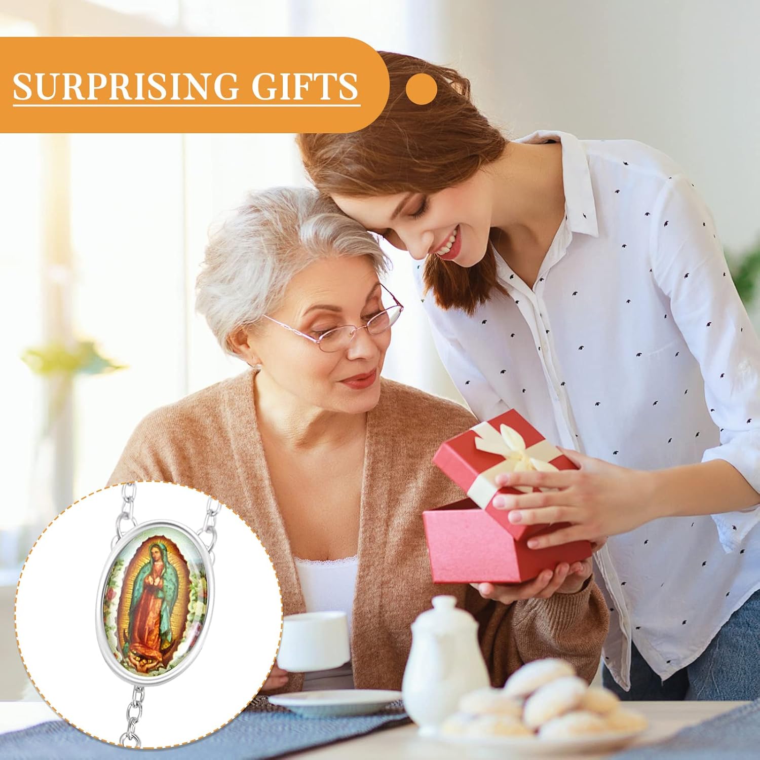 Taiyin 18 Pcs Wooden Bead Rosary Necklace with Crucifix and Our Lady of Guadalupe Scented First Communion Rosary Bulk with Organza Bags Baptism Favors Catholic Gift for Men Women (Black and White) - Image 5