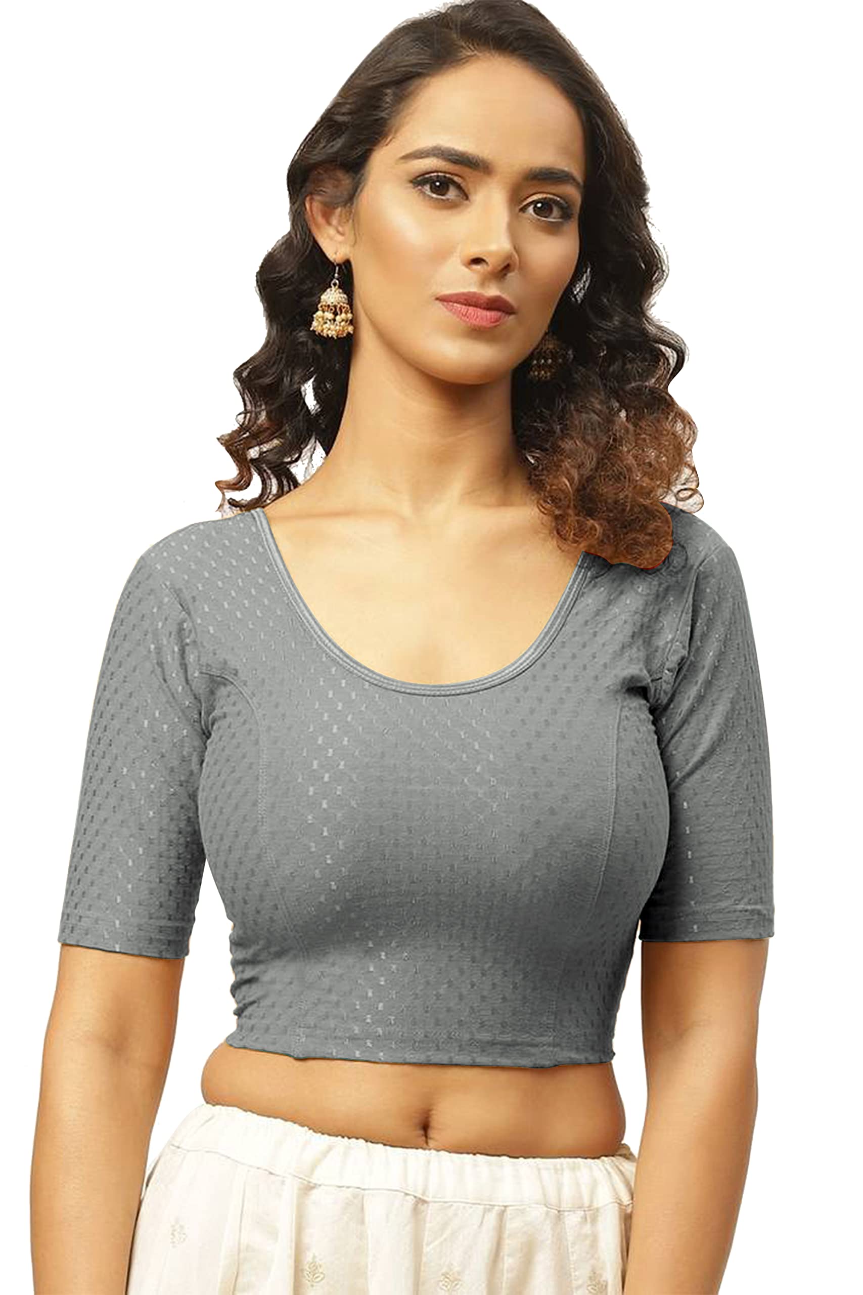 Fressia FabricsRound Neck Pure Dobby Cotton Stretchable Elbow Sleeve Readymade Saree Blouse for Women Stylish (208_silver)