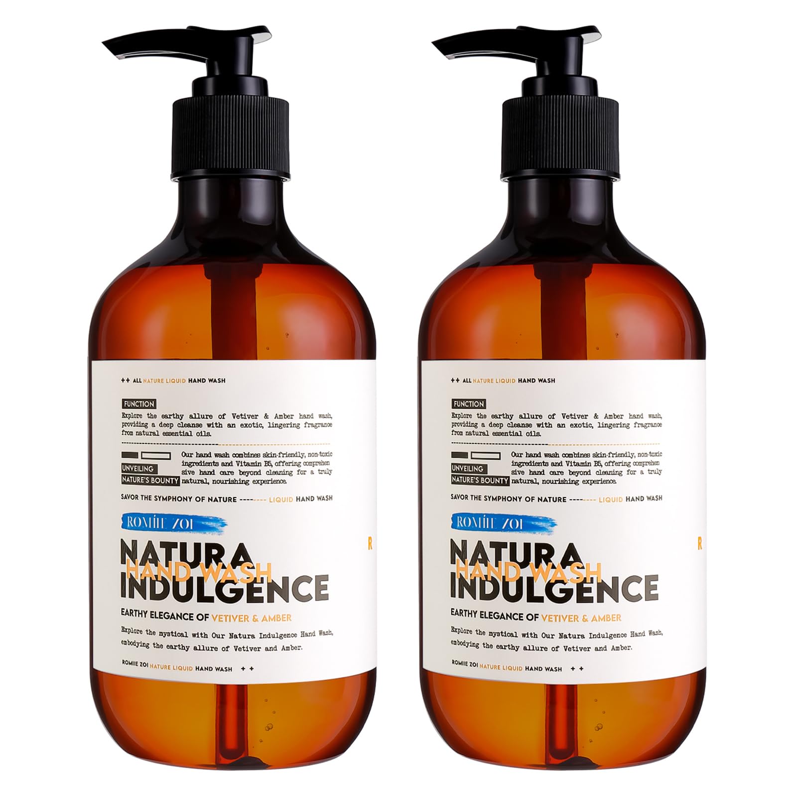 Photo 1 of ROMIIE ZOI Liquid Hand Soap Natura Indulgence Hand Wash - Earthy Elegance of Vetiver & Amber - 500 ML / 16.8 FL OZ(Pack of 2) Vetiver & Amber 16.8 Fl Oz (Pack of 2)