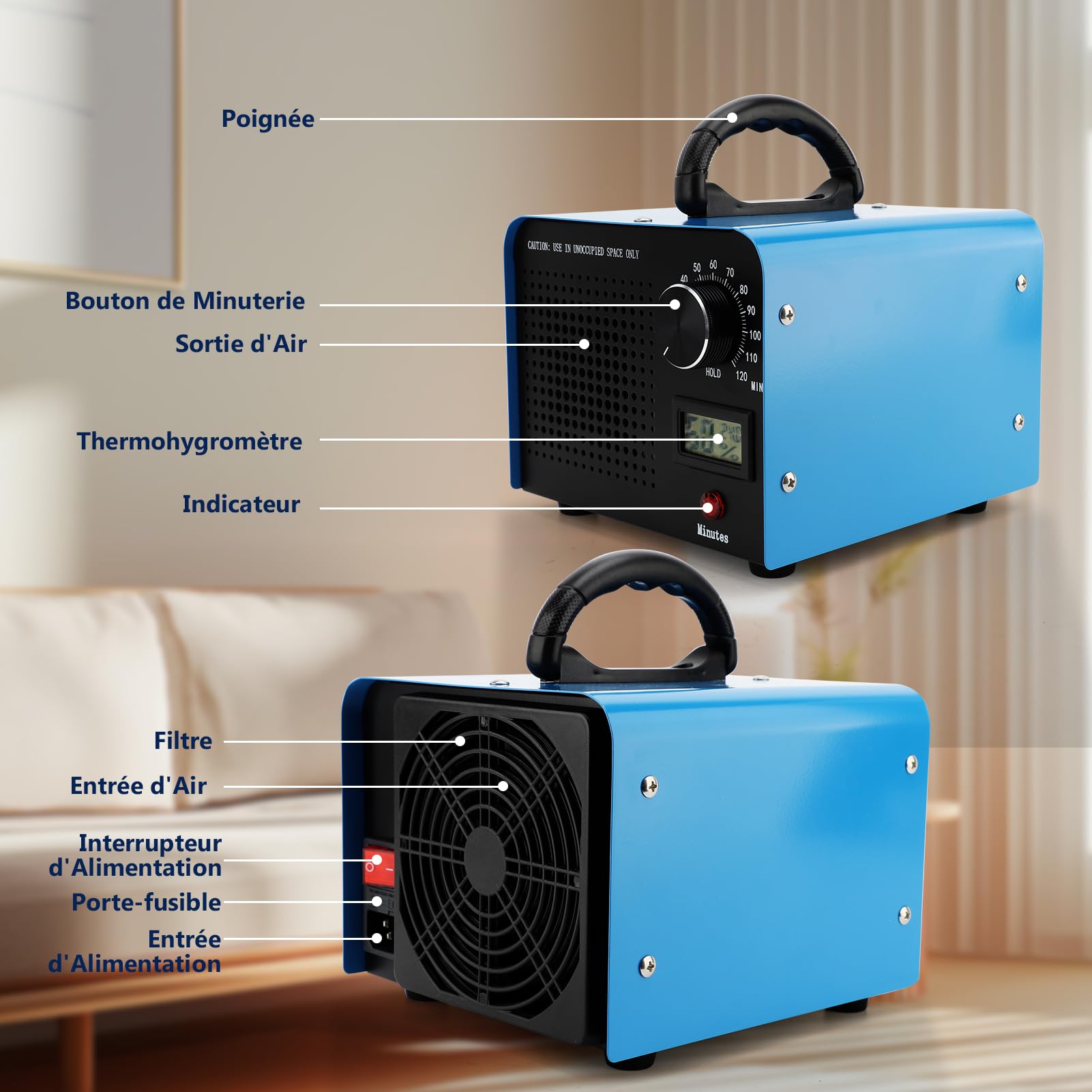 Générateur d'Ozone Domestique 40000 mg/h Purificateur d'Air Générateur O3 Commercial Industriel 120W avec Minuterie 0-120min, Machine à Ozone Portable pour Éliminer des Odeurs(Blanc)