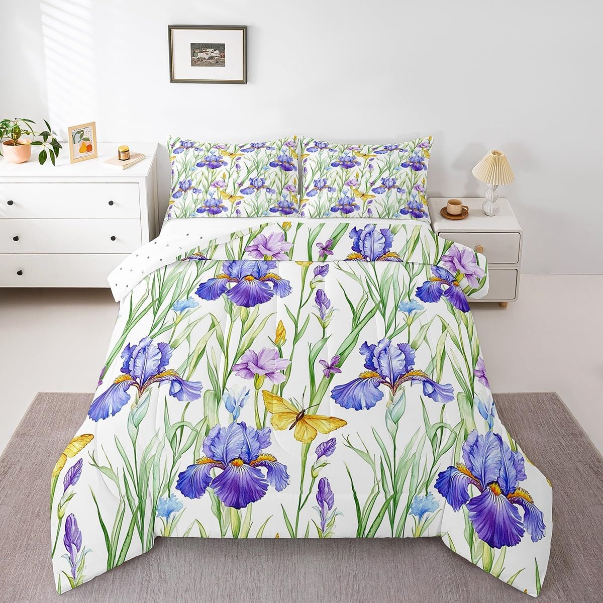 jejeloiu Blossoming Iris Flowers Comforter Set Queen Size Butterfly Bedding Set Girl Butterfly Floral Comforter Purple Flower Duvet Set Floral Botanical Quilt Set 3Pcs
