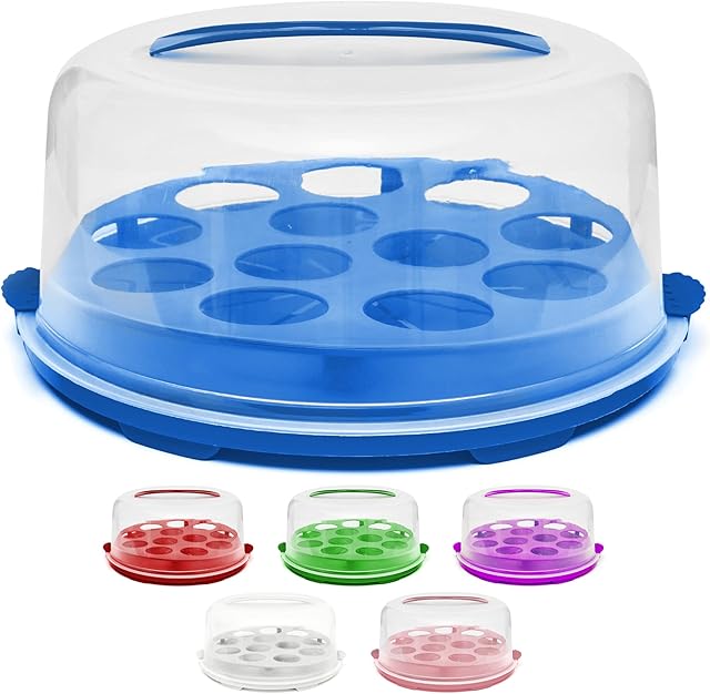 SG Traders 2 in 1 Cupcake Carrier Lockable Portable Cake Carrier Easy Transfer Pastry Dessert Container Holder Muffin With Handle Plastic Lid Transparent Cake Box Blue 30cm