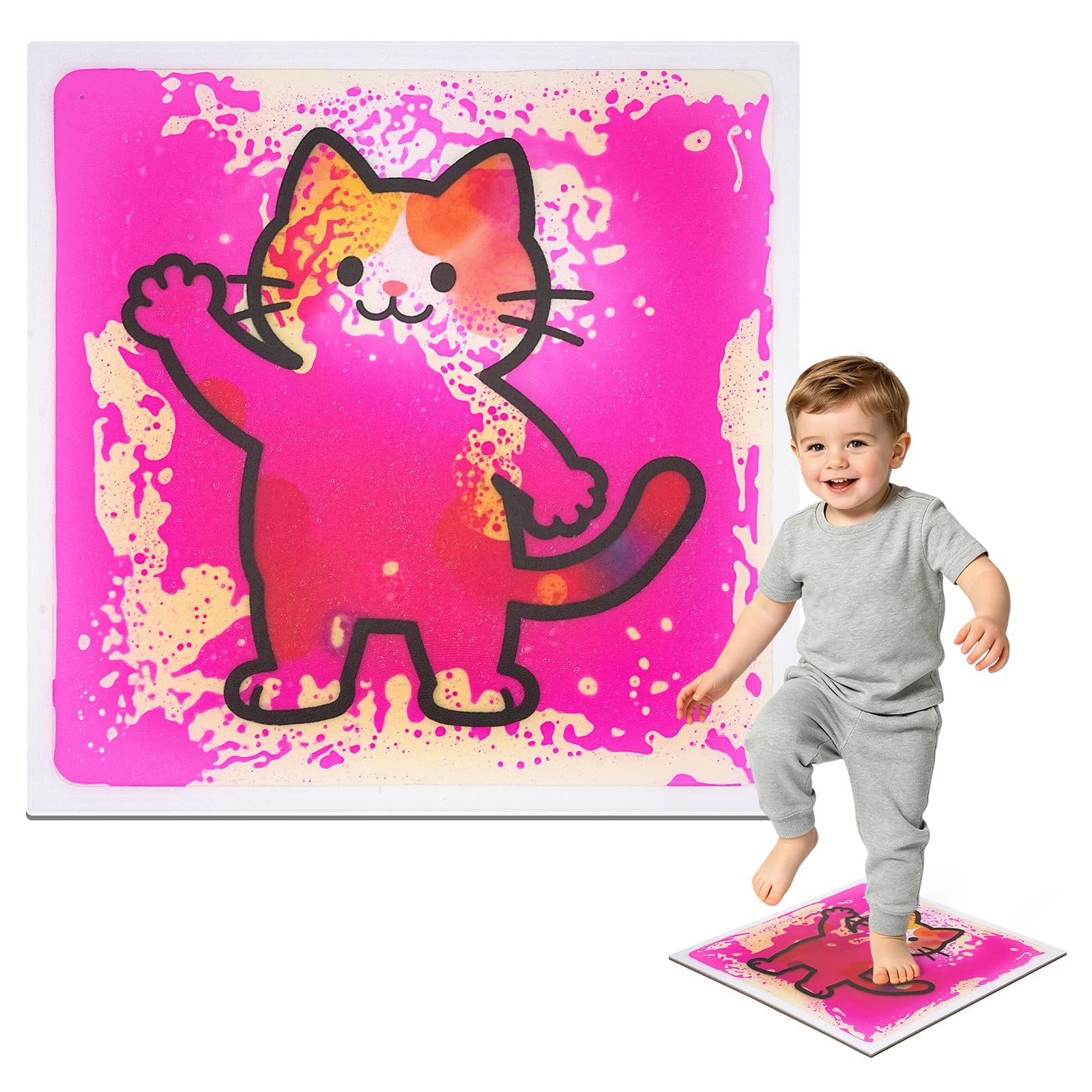 Ymoryiyi 15.7x15.7in Pink Yellow Cat Liquid Sensory Tile for Kids, 1 Pack
