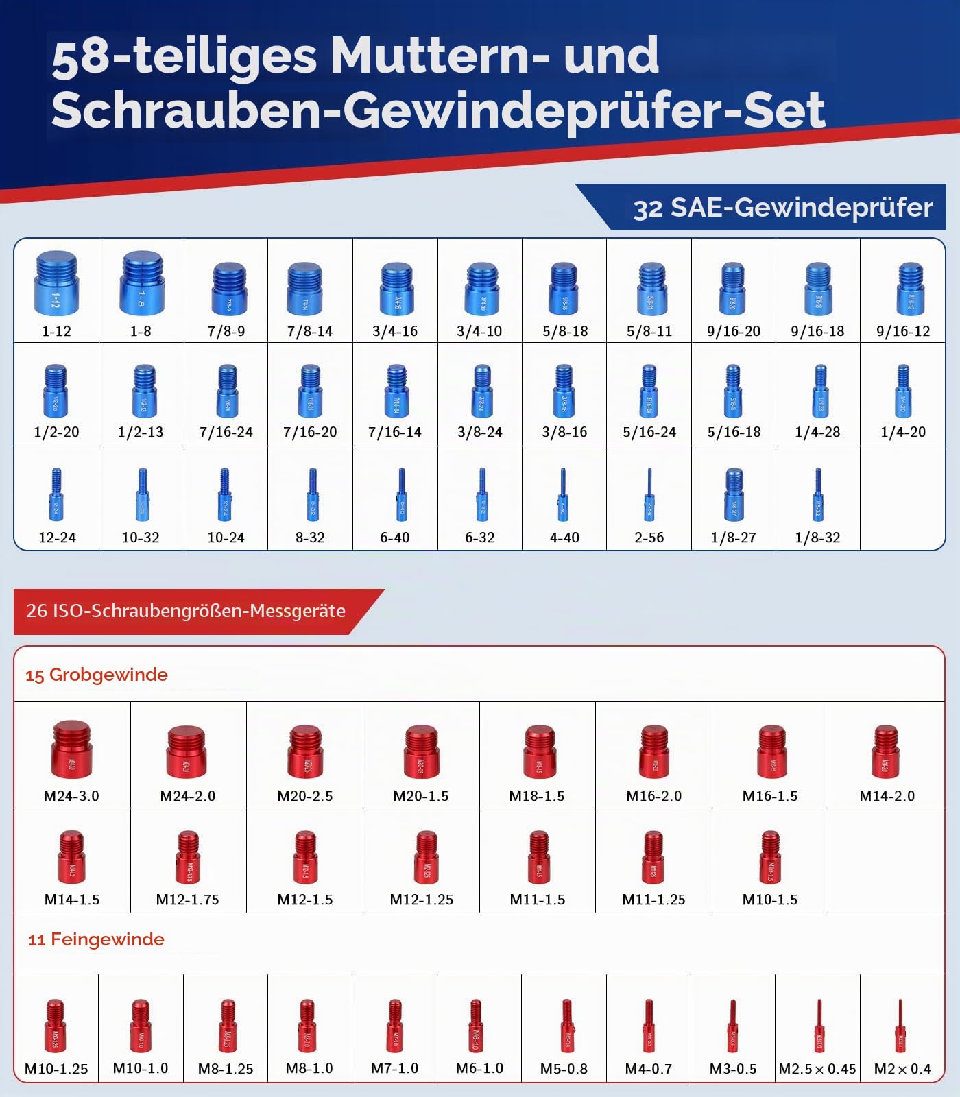 Housolution 58-Teiliger Gewindekontrolleure,32 Standard und 26 Metrische