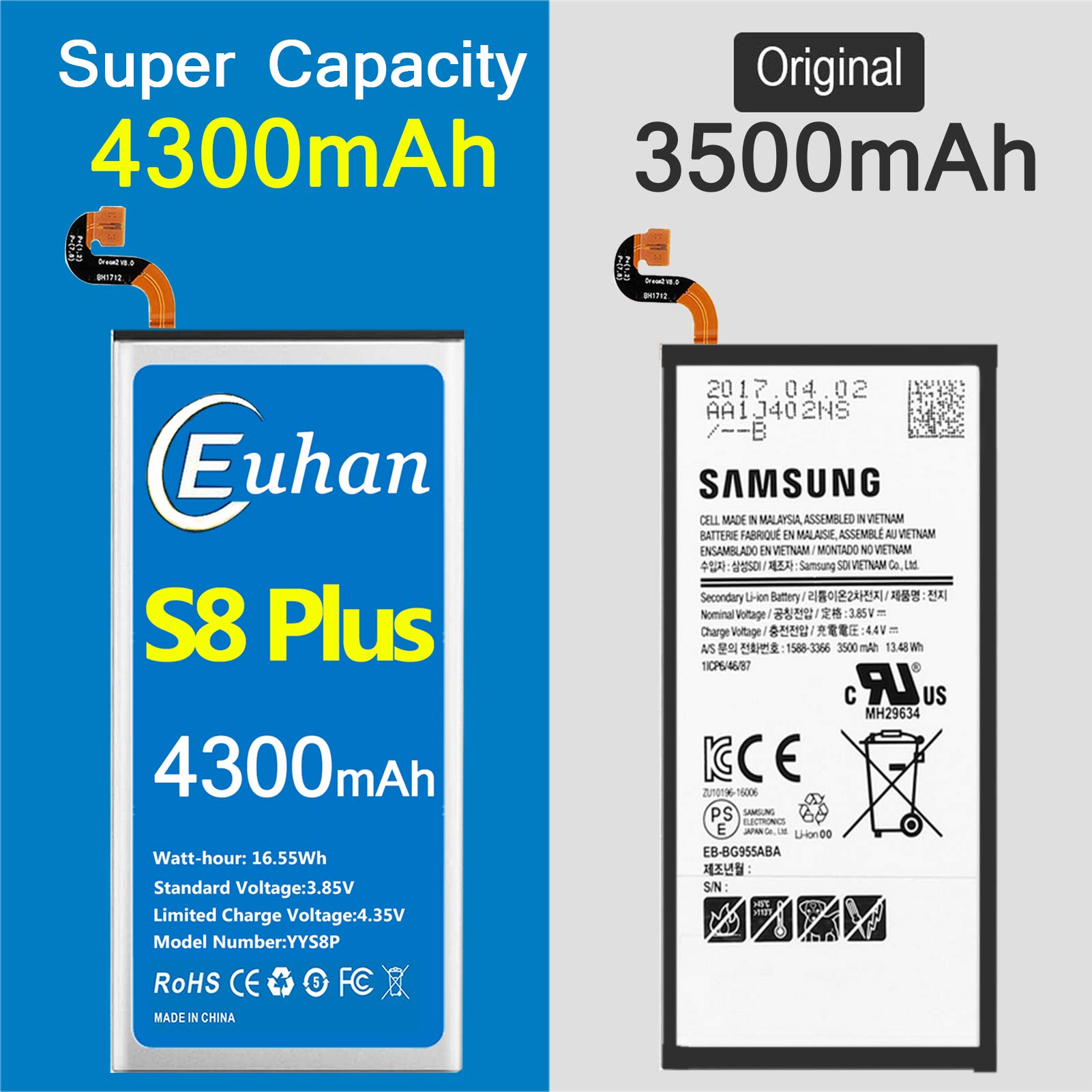 UNKLOU Galaxy S8 Plus Battery, [Upgraded] Euhan 4300mAh Li-Polymer EB-BG955ABE Replacement Battery Compatible with Galaxy S8 Plus SM-G955 G955V G955A G955T G955P G955R4 with Repair Tools Kit