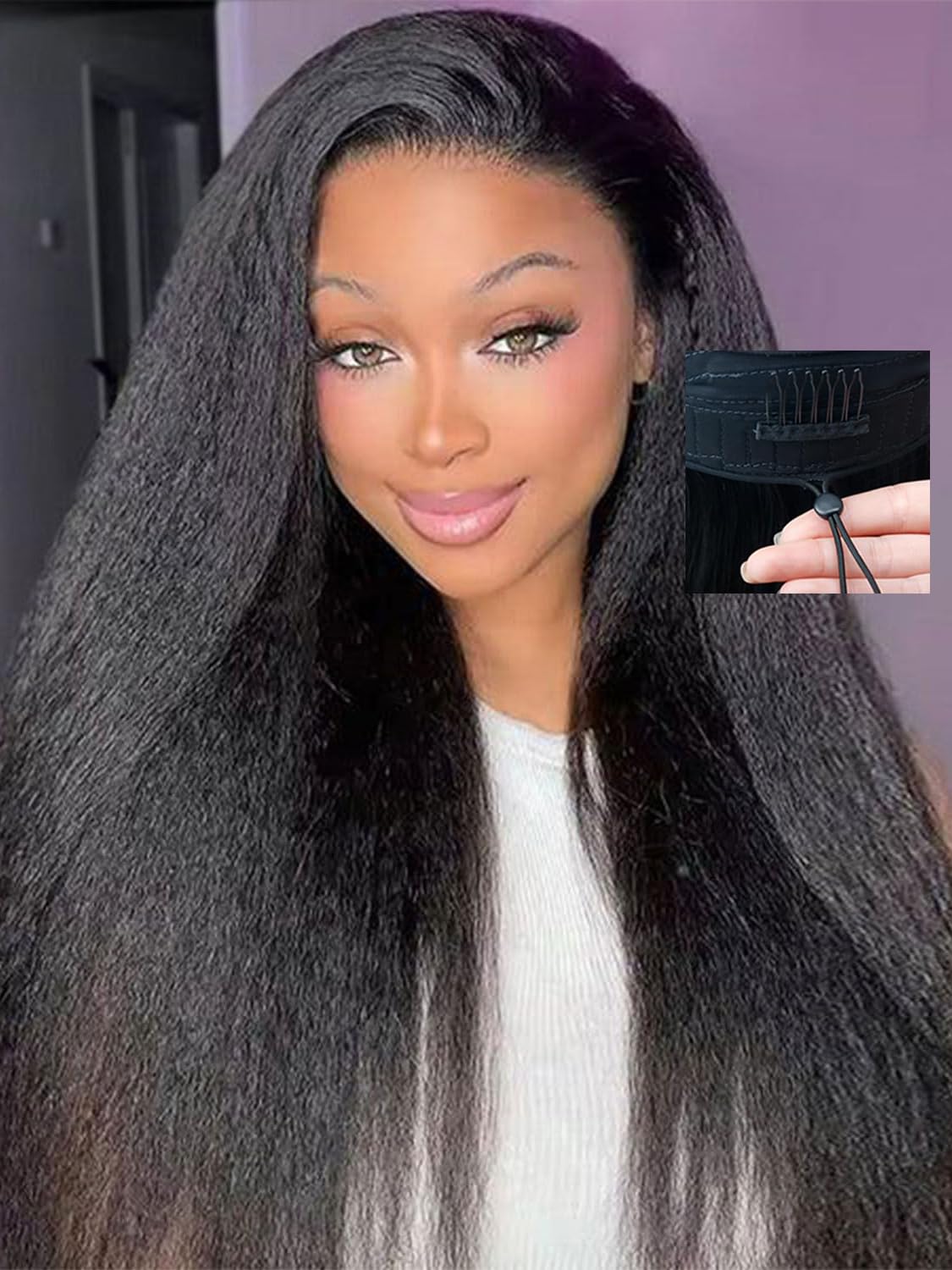 Pobokix 200% Density V Part Wigs Human Hair with Drawstring Kinky Straight Upgrade U Part Human Hair Wigs for Women Glueless Clip in Half Wigs Human