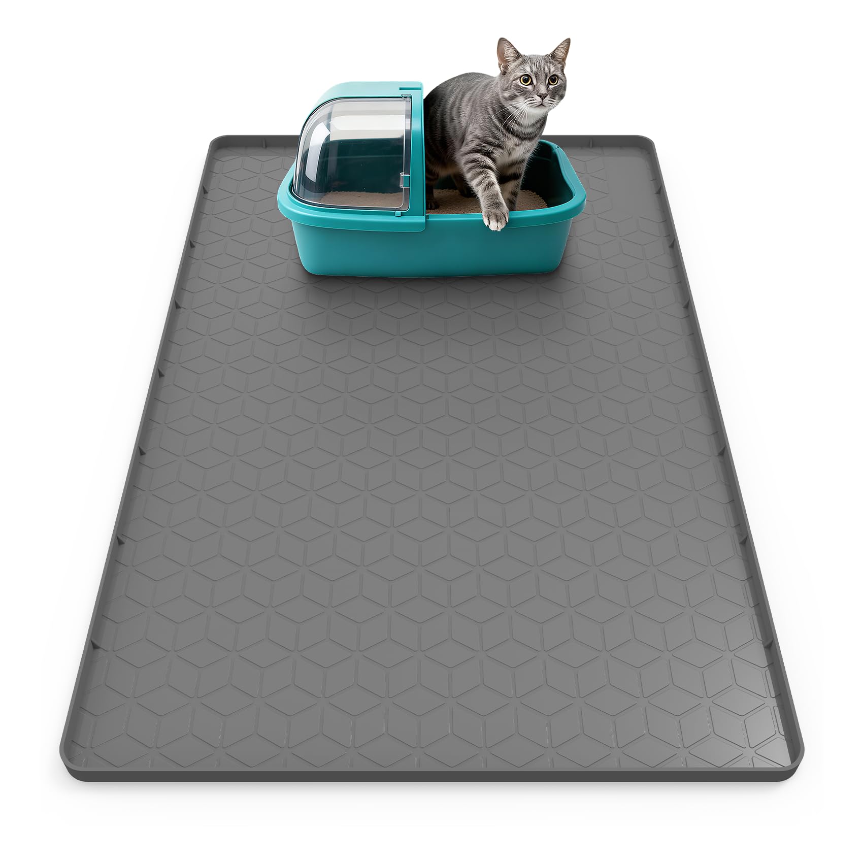 Anzfy Cat Litter Mat, 34" x 22" Silicone Cat Mat for Litter Box, Silicone Cat Litter Box Mat for Scatter Control, Easy Clean, Waterproof and Non-Slip(Grey)