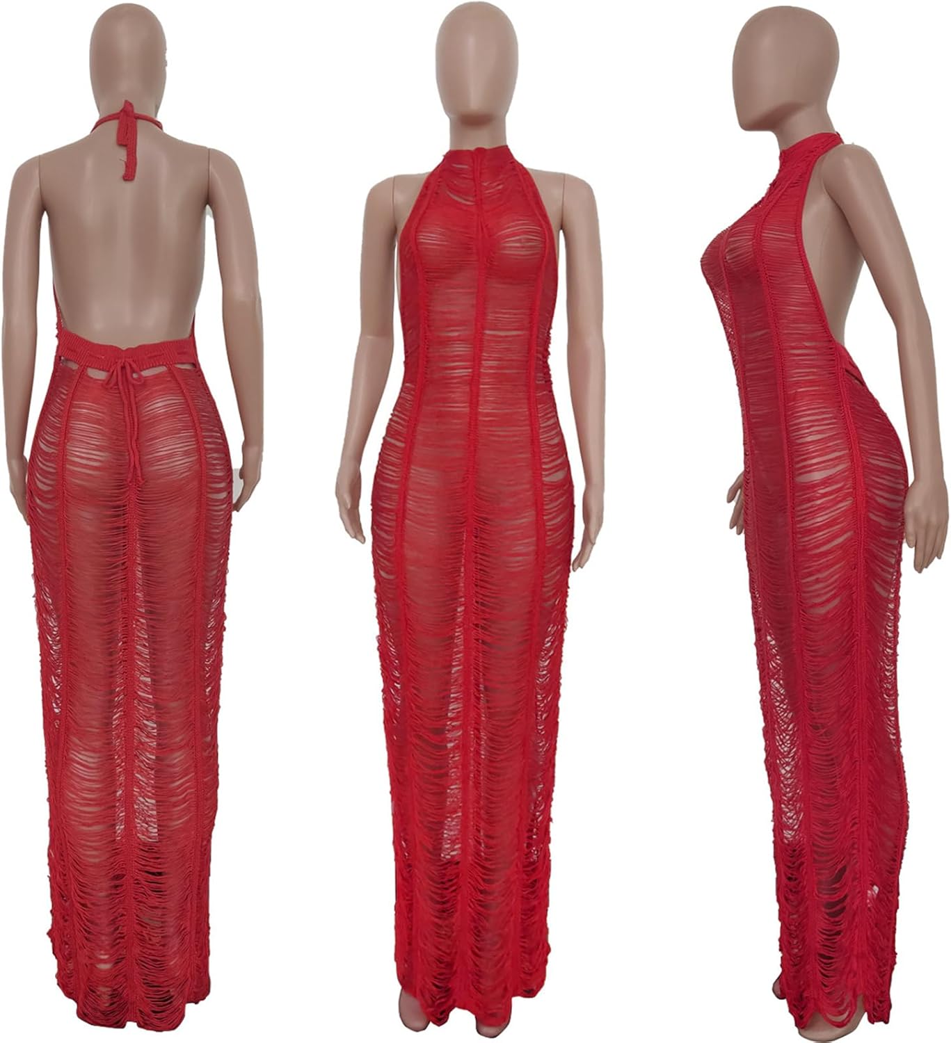 Women Sexy Crochet Swimsuit Cover Up Halter V Neck Backless See Through Long Maxi Dress Summer Beach Bikini Cover Ups - Image 5