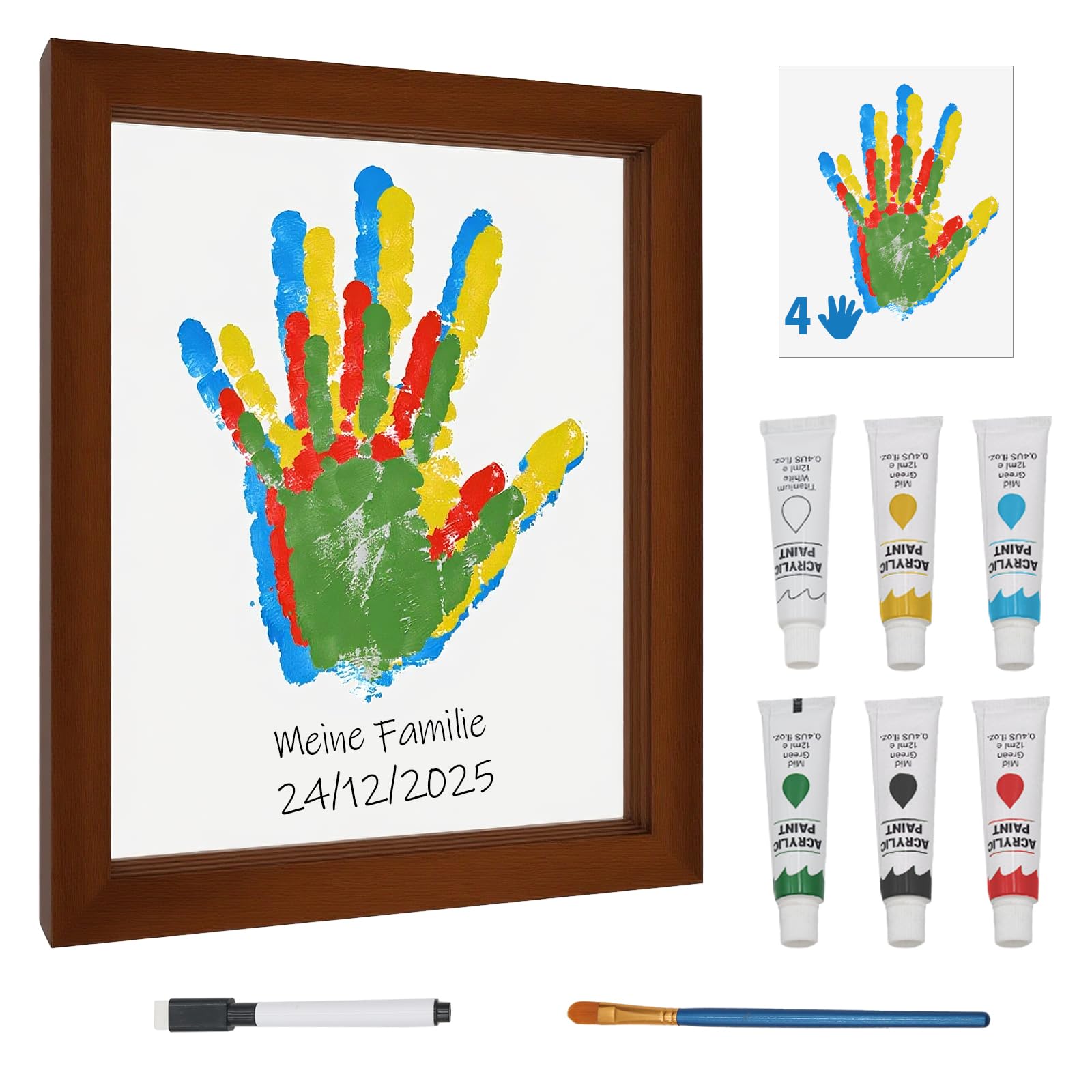 MeiKYing Handabdruck Set, Abdruckset Baby Fussabdruck Set, Transparent Holzrahmen Zum Basteln DIY Familien Handabdruck und Fußabdruck Set mit Platz für 4, Andenken Geschenke für Paare, Braun