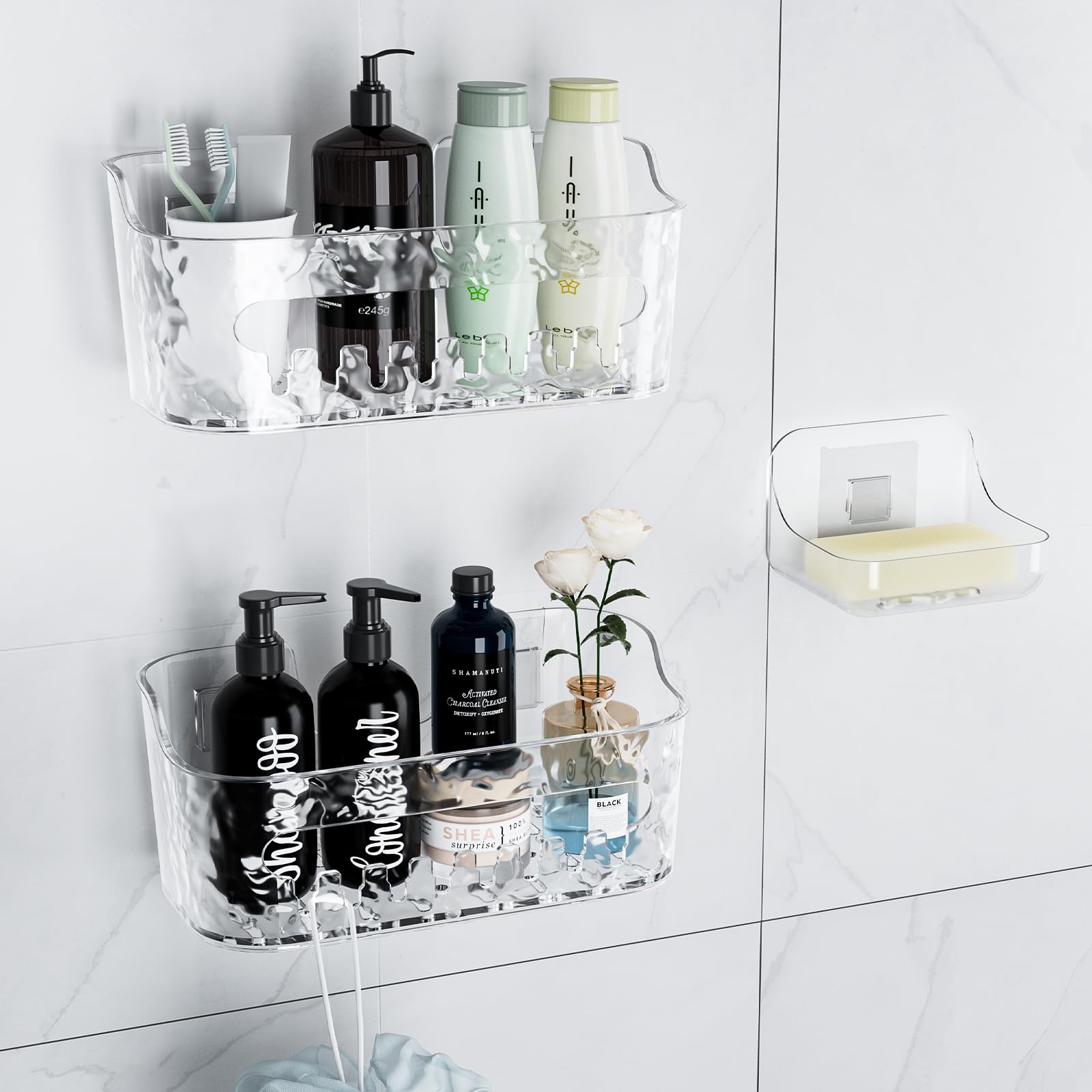 Lsnisni Shower Caddy Acrylic 3 Pack Adhesive Clear Shower Organizer Plastic Bathroom Shelves with Self Adhesive Tape No