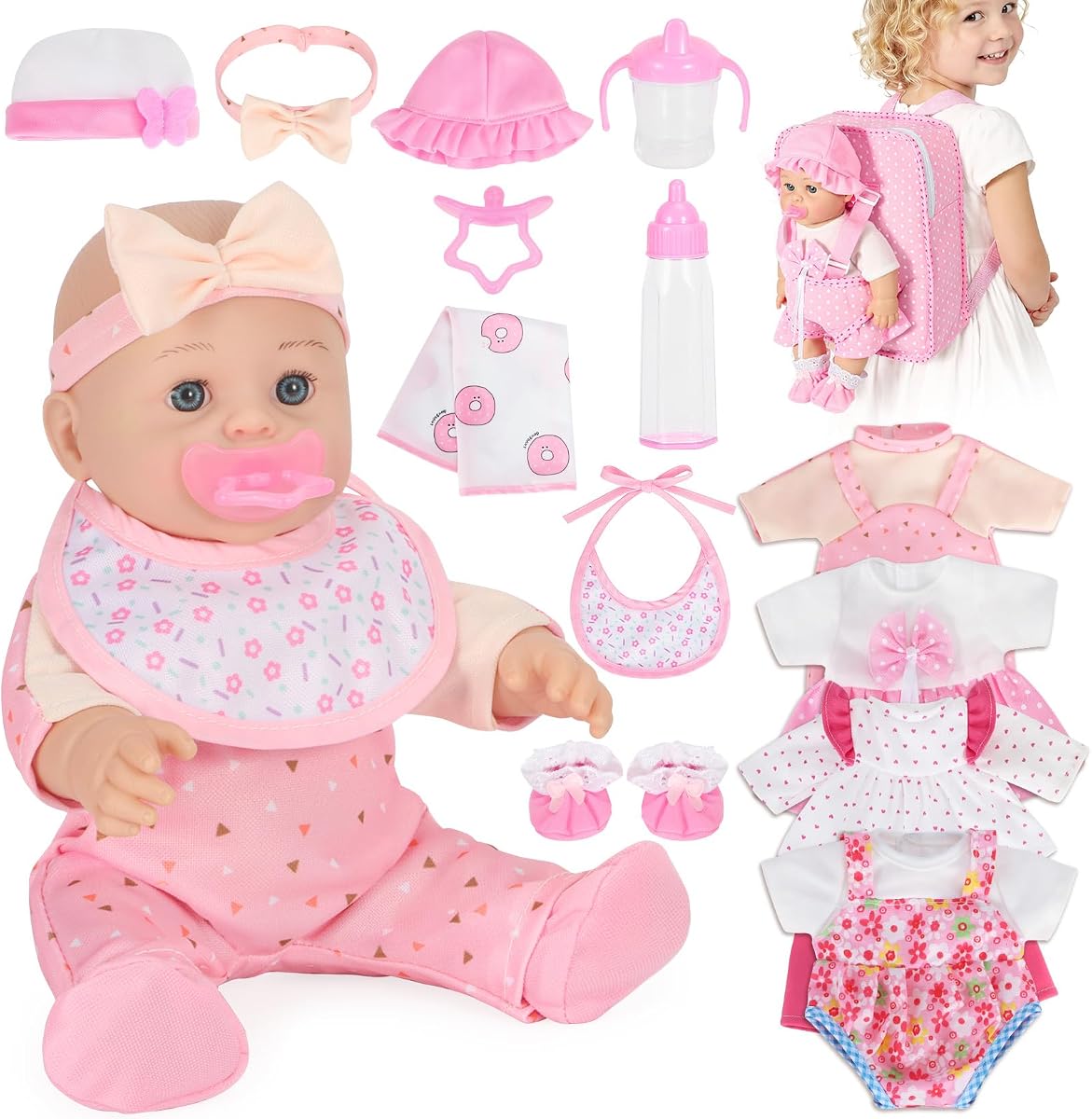 Juego de muñeca bebé de 12 pulgadas con mochila, 4 trajes y accesorios para niños mayores de 3 años | conjunto de muñecas con mochila 4 conjuntos 2 biberones chupete y babero. Juego de simulación de diseño suave y seguro. Regalo ideal para edades de 3 a 6 años.