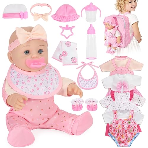Mastom 12'' Baby Doll Playset with 4 Outfits Backpack, 12 Inch Realistic Baby Dolls with Clothes Backpack and 2 Bottles Bib Quilt Nipple Socks, Pretend Play Baby Doll Gift for Toddlers Girls Age 3+