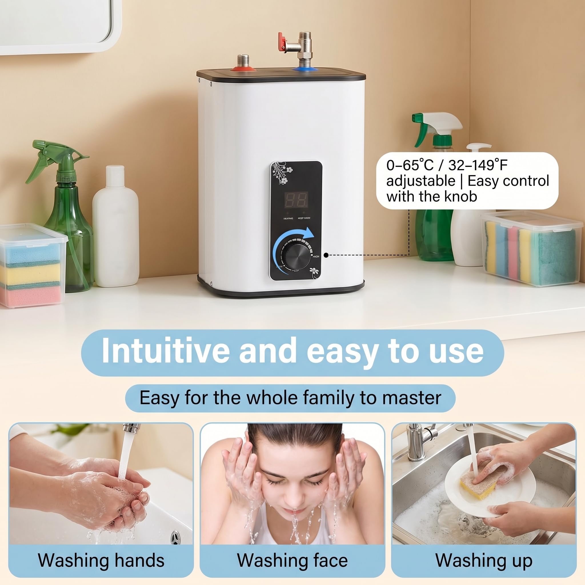Chauffe-eau sous évier - 8 l - Réservoir d'eau chaude résistant à la pression - 1500 W - Avec écran LED - Température réglable de 0 à 65 °C - Pour lavabo, cuisine et salle de bain - Blanc - 220-240 V