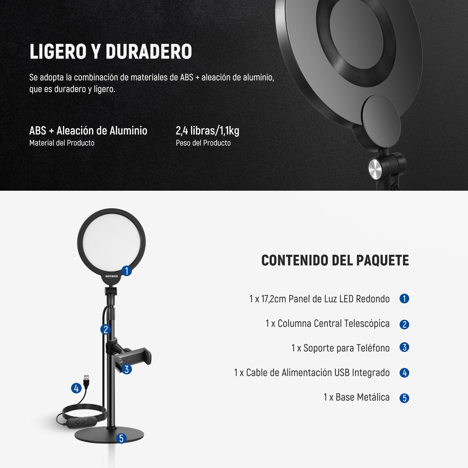 NEEWER Basic 7" Kit Luz Selfie Teléfono Escritorio, 10W 3000k-6500K Luz Anillo Pantalla Completa Regulable con Soporte y Soporte Teléfono para Videoconferencia,Selfie,Vlog,Maquillaje,Transmisión, R06