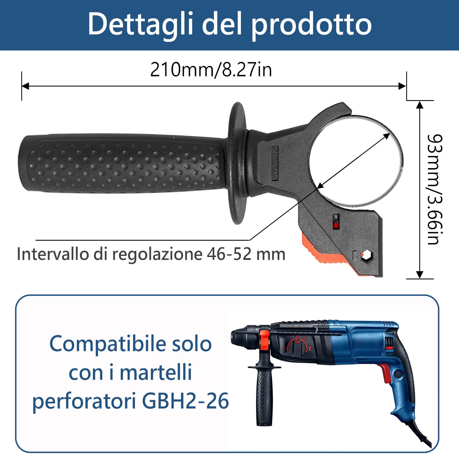 Maniglia Martello Elettrico, Manico Anteriore Regolabile Rotante Impugnatura Laterale Staccabile Ergonomica Antiscivolo per Trapano GBH 2-26 e Martello Elettrico Uso Stabile Diametro Interno 46–52 mm