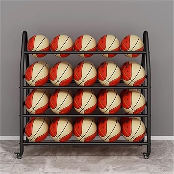 Basketball Rack, Carbon Steel, Rolling Basketball Shooting Training Stand, Sports Equipment Storage with Wheels, for Footballs Volleyball, 4 LayerBlack,123 * 35 * 112cm
