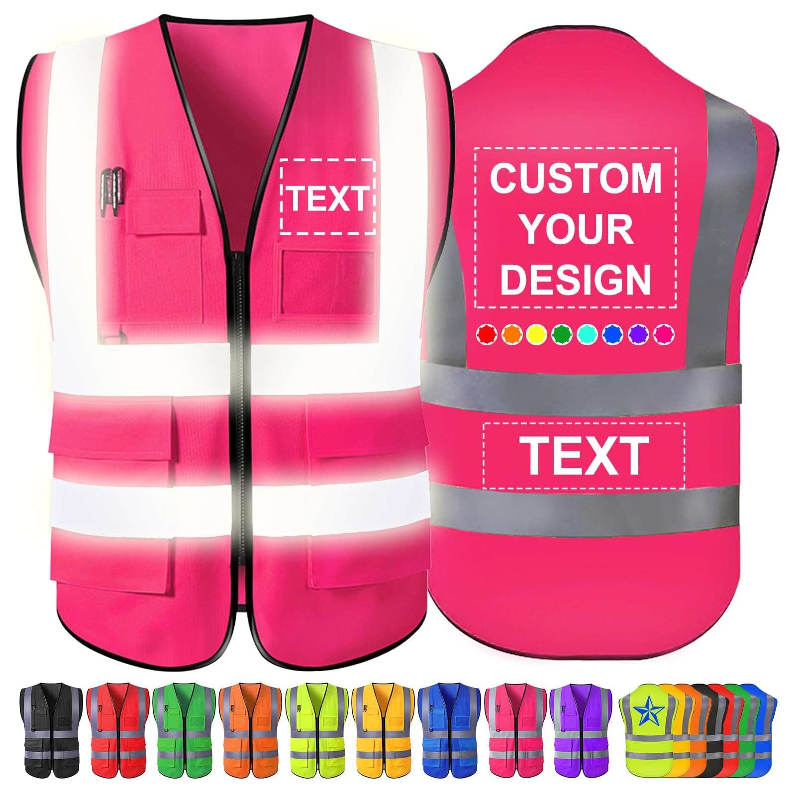 Custom Safety Vest Men Women High Visibility Reflective Personalised Logo Hi Vis Vests Pockets Zipper Construction Work,S-5XL
