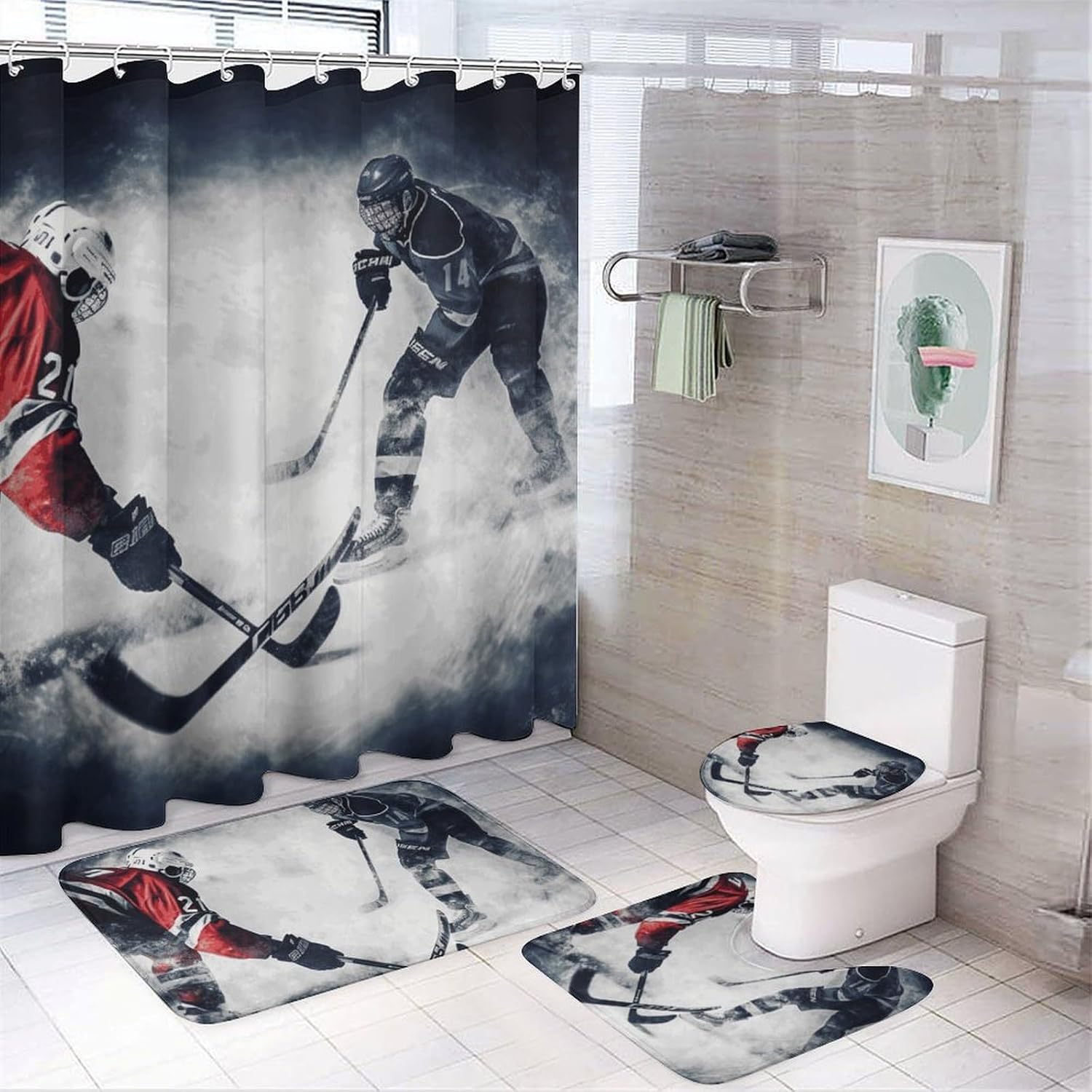 Ice Hockey Art Shower Curtain Set 4 Piece, Non-Slip Bath Mat with Toilet Lid Cover and Waterproof Shower Curtain with 12 Hooks, Complete Bathroom Set for Home Decor