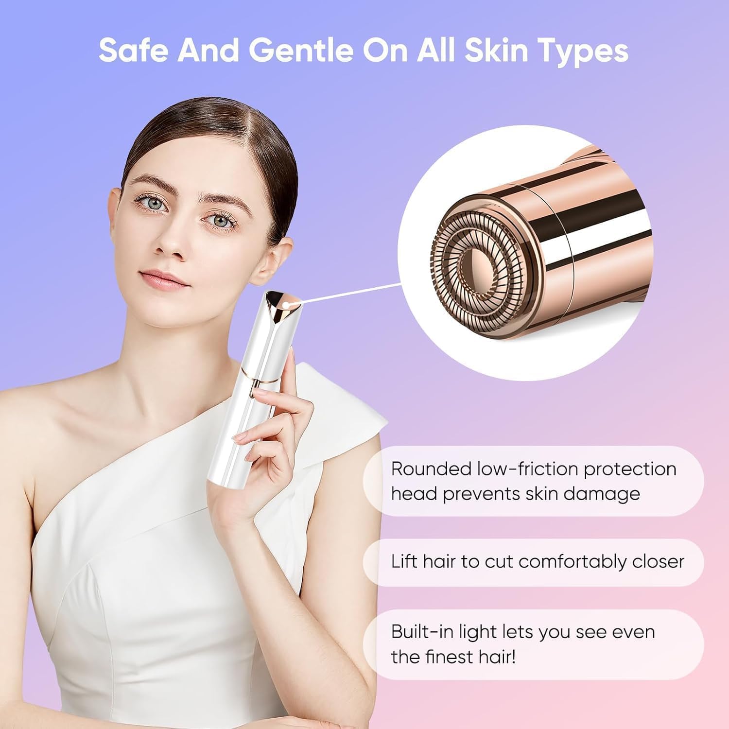 EIRMON 2 in 1 Eyebrow and Body Hair Remover for Women, Lipstick Shape Mini Facial Hair Trimmer with LED Light, Washable and Removable Design, Rose Gold and White, USB Rechargeable (Conical) 2