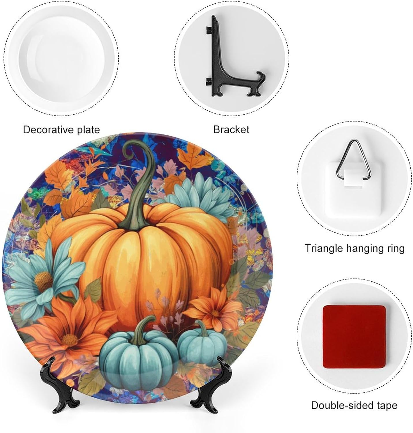 10" Decorative Plate with Stand Autumn Watercolor Pumpkin Ceramic Plate Round Home Wobble-Plate Dinner Plates Dish Thanksgiving Home Wall Decoration Office Table Decor Kitchen Wall Art
