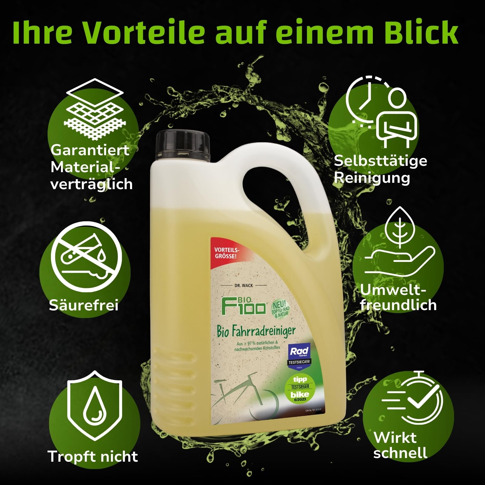 DR. WACK - F100 Bio Fahrradreiniger 2 Liter - Reinigungsmittel für das gesamte Fahrrad - Bio Fahrradpflegemittel - Reinigungsspray biologisch abbaubar & materialschonend - Hochwertige Fahrradpflege
