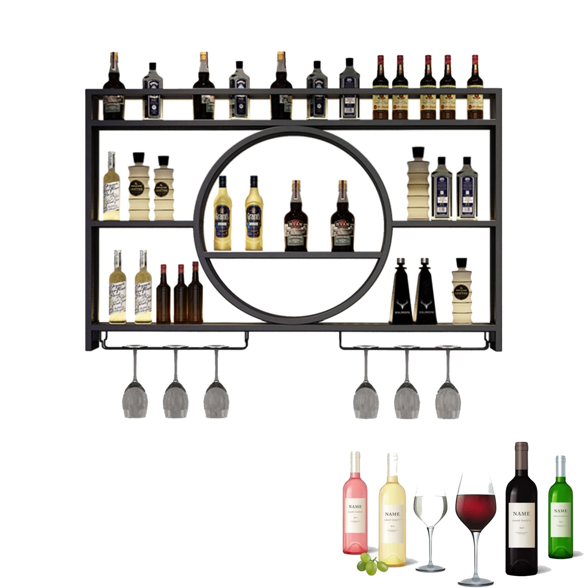 Étagère d'affichage pour bouteilles d'alcool murale avec support de verres à vin et LED