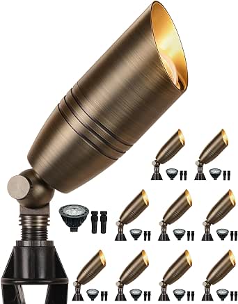 Solid Brass Outdoor Landscape Spotlights, Heavy Duty Low Voltage Landscape Lighting with 5W 2700K Aluminum MR16 Bulbs, Wired 12V Waterproof Large Bronze Uplights for Garden, Yard, Trees, 10 Pack