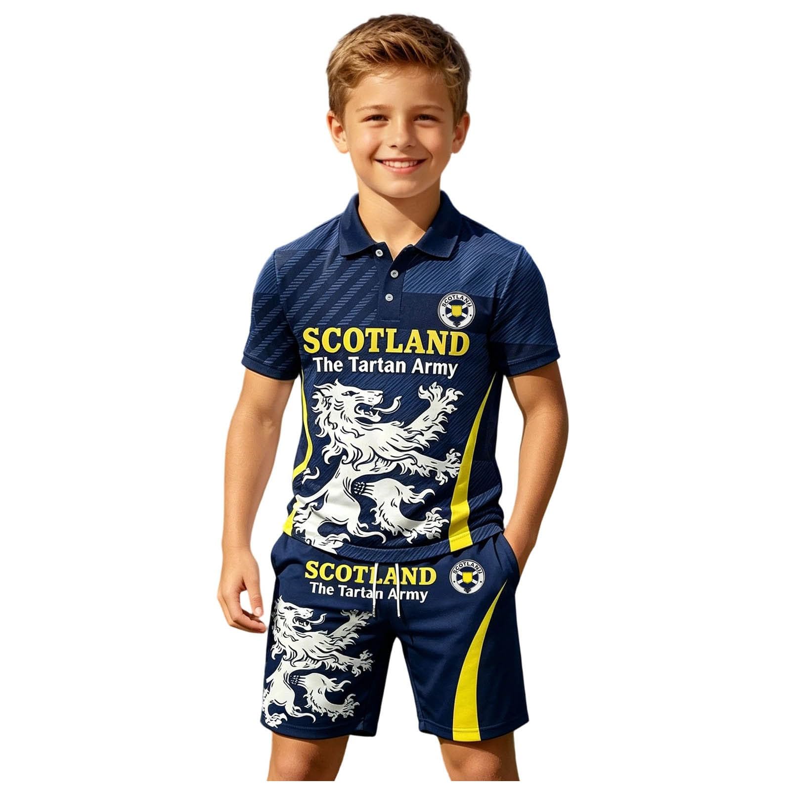 Kids England Football Shirt 2026 Boys Short Sleeve Collared Breathable Lightweight Polo Shirts Football Kit England Flag Print Athletic Shorts and T-Shirt Set Training Jersey (Navy-b, 7-8 Years)